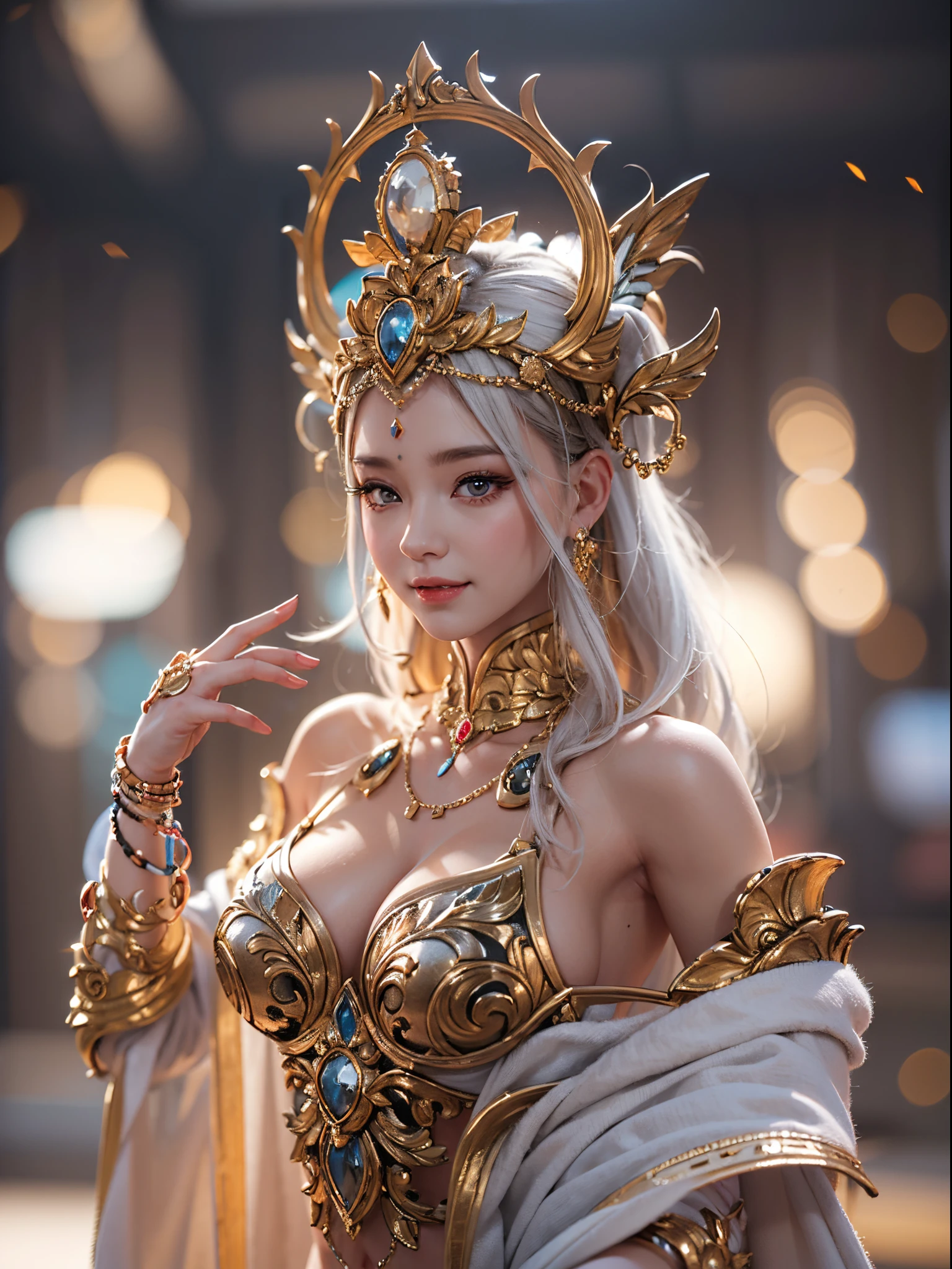 (((goddes)))8K high image quality、masutepiece、Ultra-realistic details、3d rendered、Sexy costume with wide open chest、Detailed body、Detailed chest、A detailed face、Detailed hand、Smile with a kind face、Bright light shines、Blur the background、