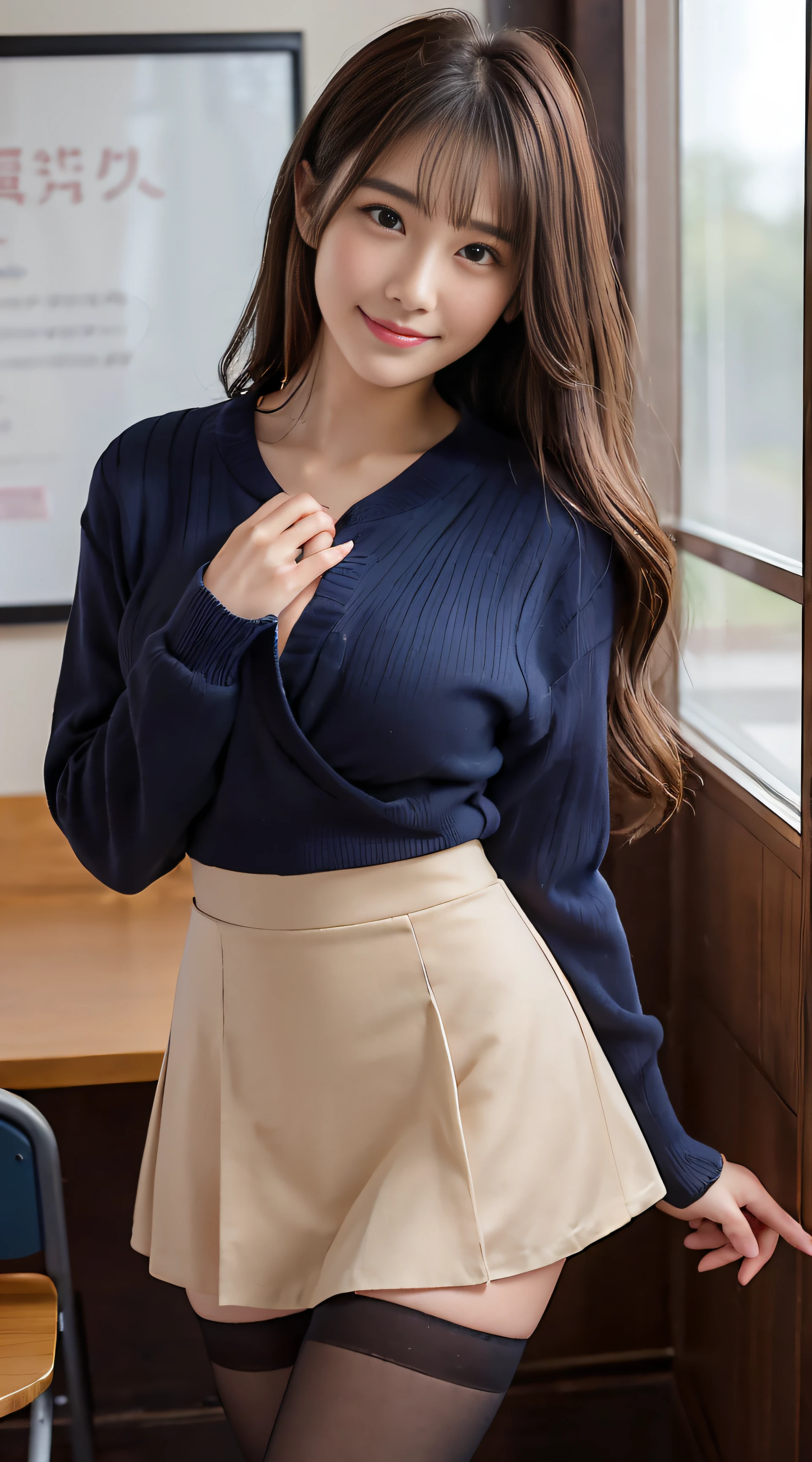 top-quality、Top image quality、masterpiece、fully body photo、25 years old women, governess、Dark brown wavy middle hair、bangss、((dark blue long sleeve knit、Beige flared skirt、Stockings))、 ((no-bra、Puffy nipple、Flip the skirt、Visible))、Sexy red panties、soft boob、Large breasts、high-heels、 cute smile face、school classrooms、((I can see all my panties、Rub your chest with both hands、Touching the crotch))