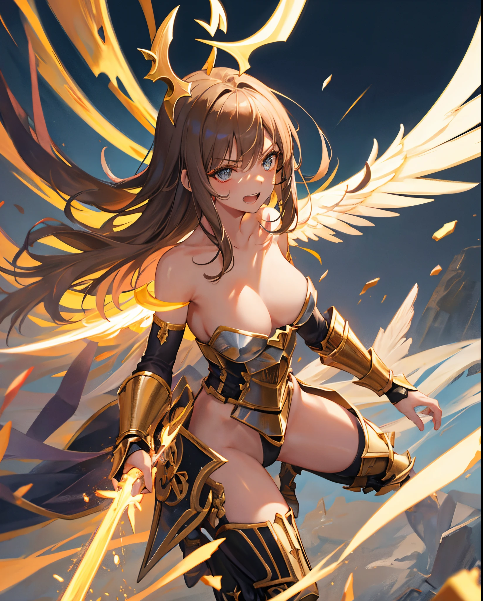 fantasy, 1angel_girl,child, ,brown_hair, medium_bob_hair, long_bangs, halo,bare_shoulder,thighhighs,silver_armor, waist_armor, large_breasts,angry,grinning,open_mouth_teeth, 1pair_wings, dynamic_pose_fighting,floating, bare_crotch, headgear,gauntlet, greaves,city_sky_background,slightly_spread_legs, solo, groin_naked,dark_skin,