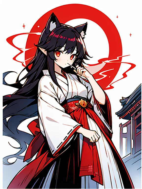 high-level image quality、girl with、ars、Black Long Hair、red eyes、White Japanese Clothing、natta、Luminous Eyes、(Cat's ears)、Red Moon、moonlights、cigarette