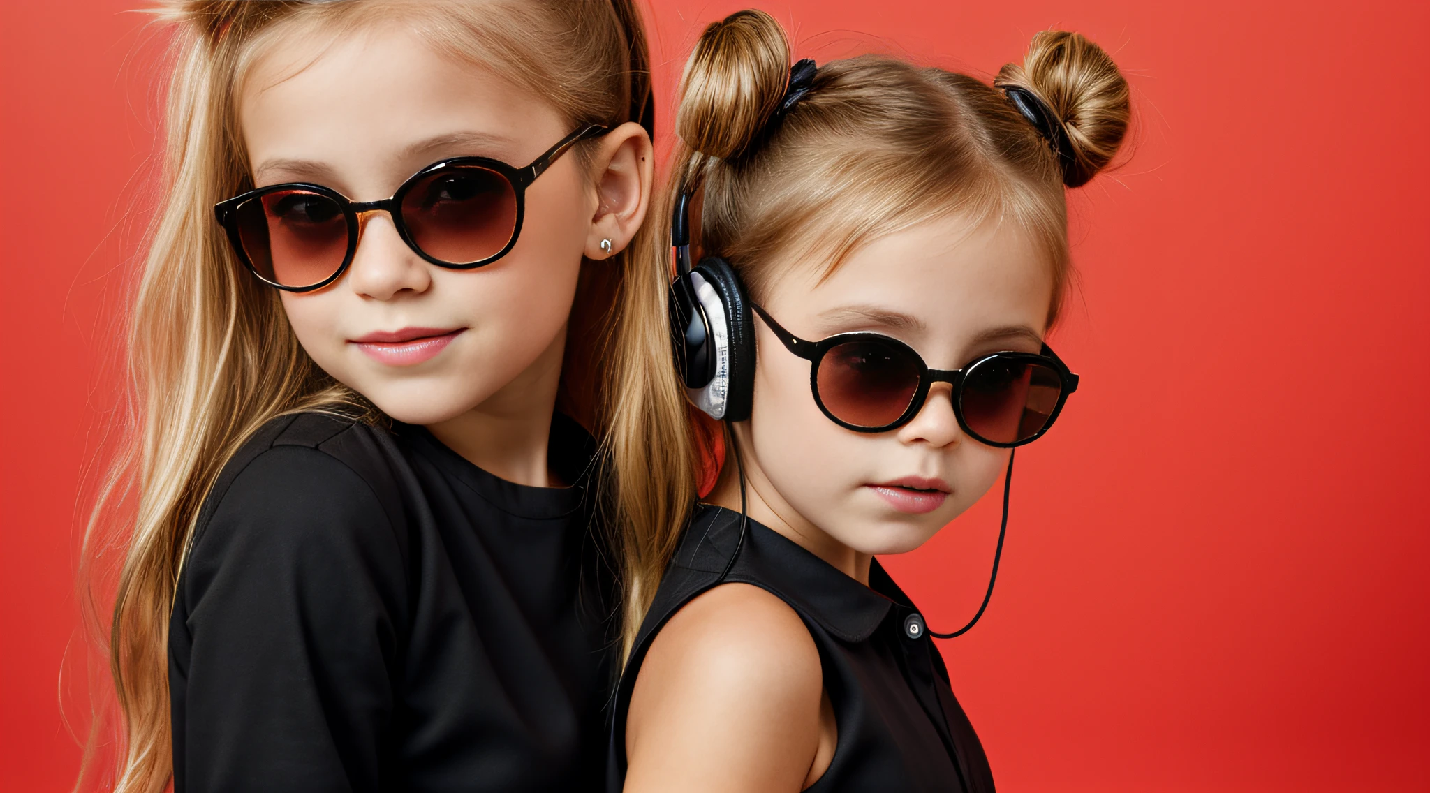 close-up CHILD BLONDE GIRL WITH HAIRBUN, in a black blouse and sunglasses, Headphone. fundo vermelho