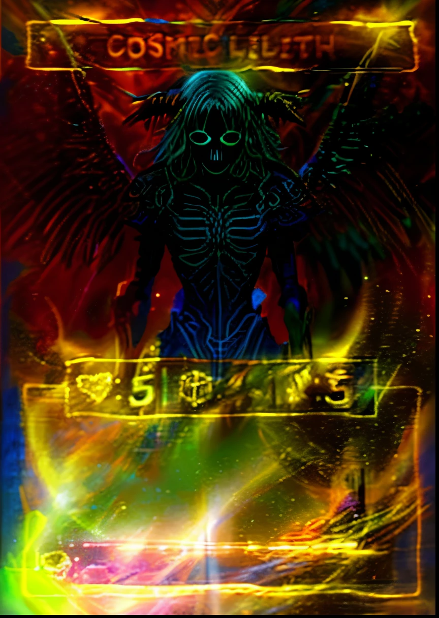 Cosmic Fallen Angel, glowing light eyes, Biomechanical, eerie, Creepy, nightmarish, Very bright colors, Light particles, with light glowing, Mshiff, wallpaper art, UHD wallpaper