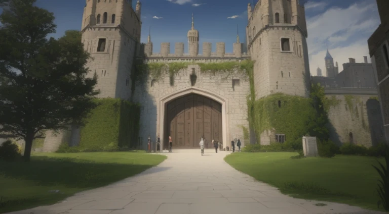 There is a painting of a castle,there are a lot of people walking around it, castle scene manga, Bastion Gateway, Opening scene, (attack on titan animation), anime scene, Screenshot of black clover, attack on titan scenery, Huge door, style of madhouse anime, Castle setting, palatial scene, castle background, Madhouse Studio anime style