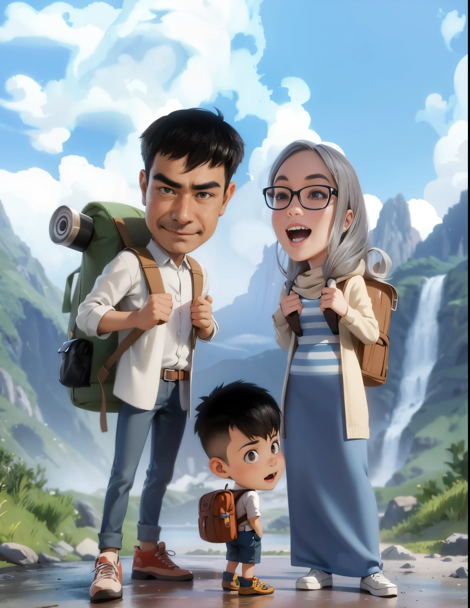 cartoon of a man and woman with backpacks standing next to a boy, 3 d cartoon, an indonesian family portrait, realistic cartoon, cartoon digital painting, digital art cartoon, cartoon digital art, cartoon art, potrait, digital cartoon painting art, 3 d animated movie, in cartoon style, happy family, cartoon artstyle, realism artstyle, style of cartoon