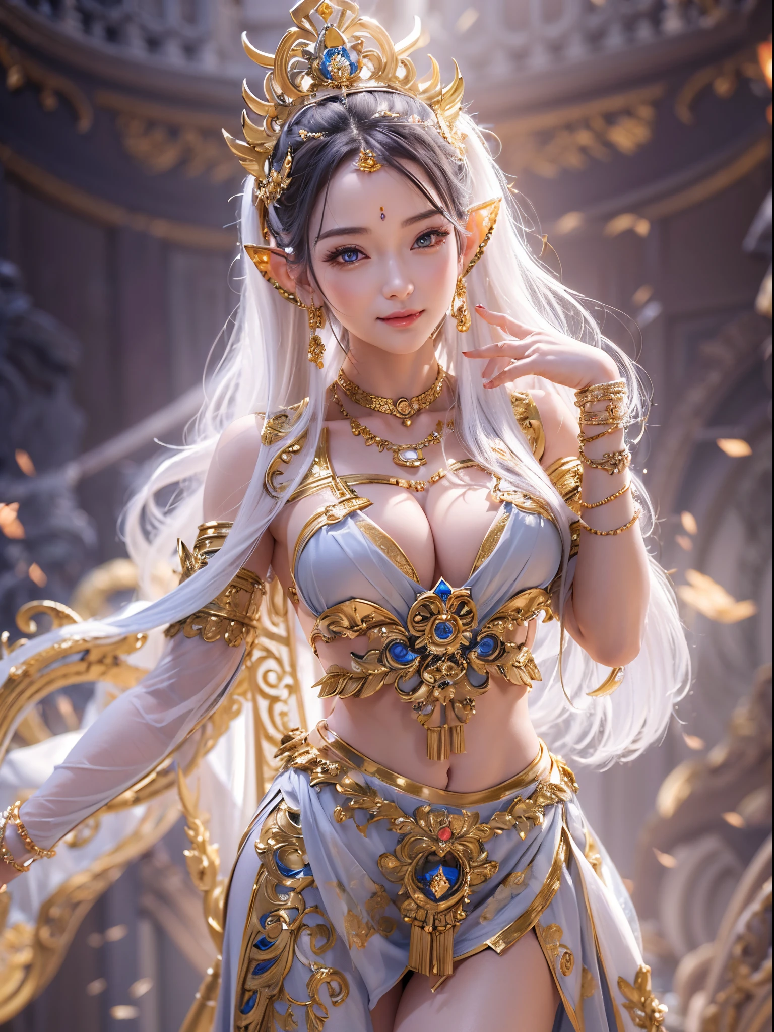 (((goddes)))8K high image quality、masutepiece、Ultra-realistic details、3d rendered、Sexy costume with wide open chest、Detailed body、Detailed chest、A detailed face、Detailed hand、Smile with a kind face、Bright light shines、Blur the background、