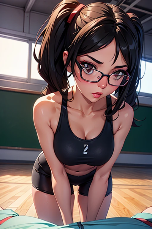 European woman, 30 years old, There is an adult woman in a School gymnasium, SportWears, on stands, On her knees , Sucking A Big Black Skin tone Cock, Big Black Penis, glasses, Dark hair, red lips, Eye shadow, slutty makeup, Pigtails , beautiful chest, big breasts,Second Life Avatar, Beautiful screenshot, Second Life, front view view, bottom view, attractive woman, high quality, highly detailed skin