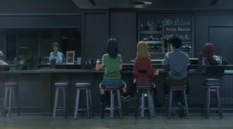 Cartoon character sitting at bar in dark room, sitting in a bar, sitting in a bar, Screenshots from the 2012 animation, Still from TV animation, Screenshot of the animated movie, in the anime film, Still from anime, Medium shot of two characters, at a bar, anime movie screenshot, Today’s recommended anime is still