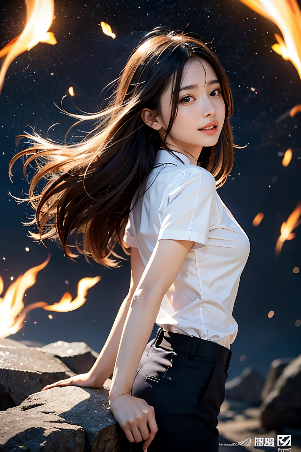 (masutepiece, Best Quality:1.2), 8K, Official art, Wearing a suit、Full body photo, full body Esbian、Suit Beauty、Beautiful barefoot woman with dark hair floating in the air, hold a flame in your right hand、in his left hand he holds a lightning bolt、23years old、Bright lava light rises above the broken Earth from beneath the asteroid belt(Jagged rock rocks and fragments shot into the air:1.3) (Storm of windy dust debris:1.1) Volume fogmist by trace Z、It can allow bright light from below to pass through、 (masterpiece) (top-quality) (detaileds) (8K) (电影灯光) (foco nítido) (Convoluted)A dark-haired、small tits、A delightful、A smile、unbelievable Ridiculous, (Beautiful girl with upper body, Pretty Face, arching back down, Gold hair ornament on hair、Wearing a cute suit、close up, Wearing a suit, Short sleeve, gardenia, violaceaess, Teen, space system, Looking at Viewer, Film grain, chromatic abberation, Sharp Focus, face lights, Dynamic lighting, Cinematic lighting, Eyes and faces with detailed, Bokeh background, (Tie with Emma written on it、1 copy:1.2)