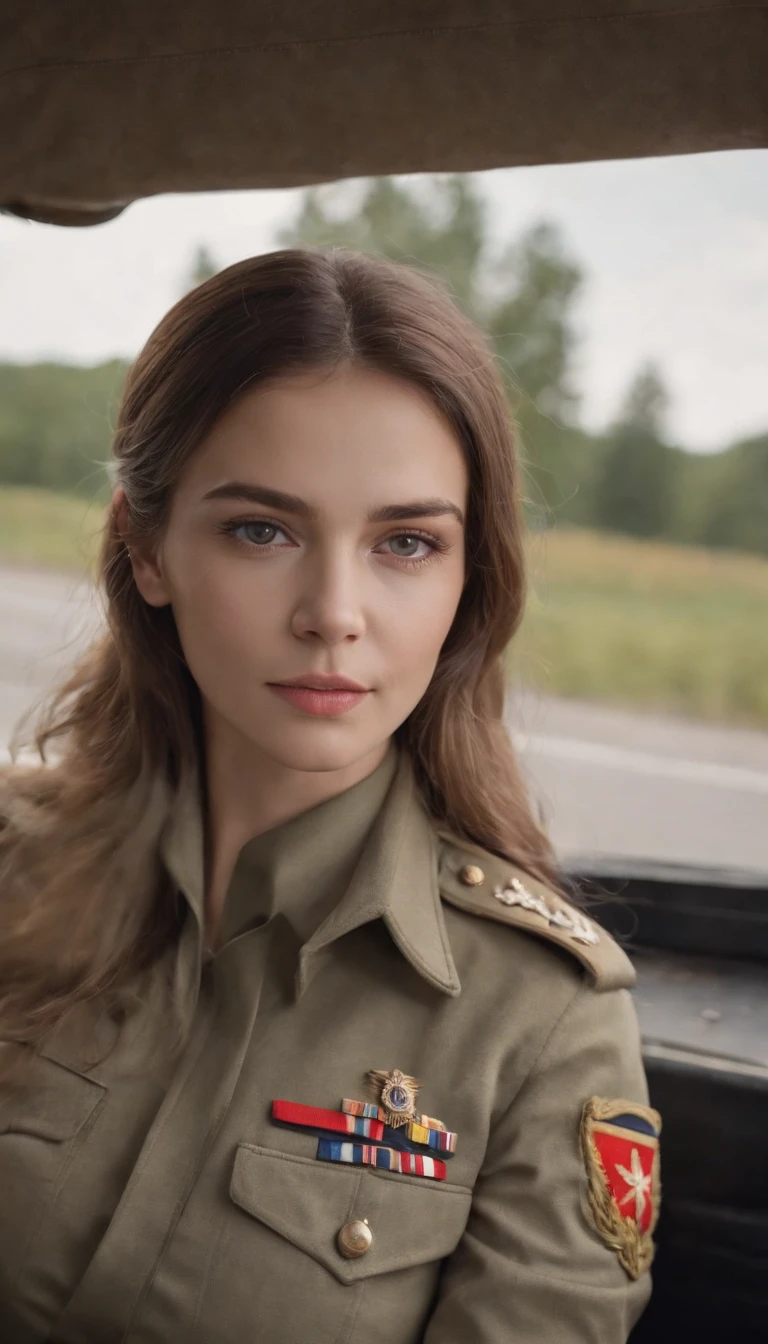 Close-up of a european woman sitting in a car holding a camera in military uniform, military girl, funny outfit, military girl outfit, military uniform, in white shirt, soldier girl, popular in cgstation, perfect military composure, long hair, tight shirt, girl in uniform, army, in shirt, sexy girl, smooth white tights suit, depth of field