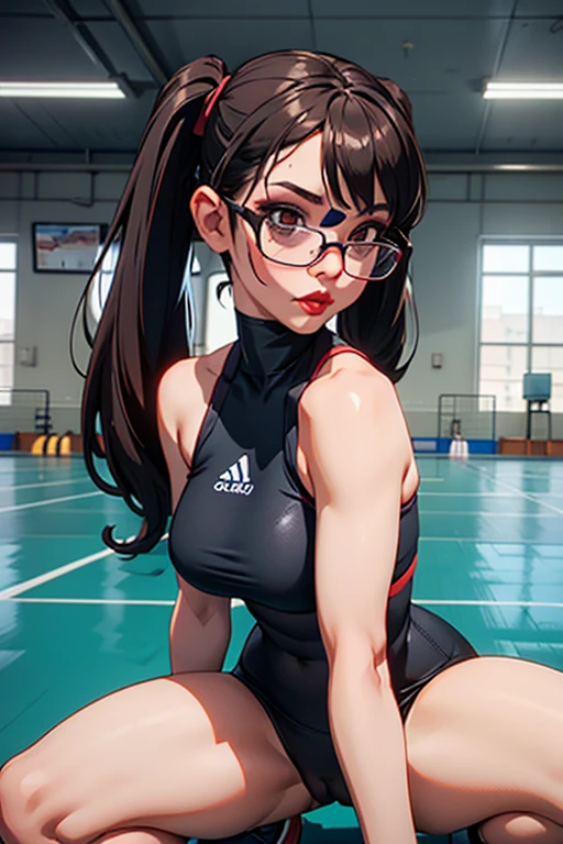 European woman, 30 years old, There is an adult woman in a School gymnasium, SportWears, on stands, On her knees , Sucking A Big Black Skin tone Cock, Big Black Penis, glasses, Dark hair, red lips, Eye shadow, slutty makeup, Pigtails , beautiful chest, big breasts,Second Life Avatar, Beautiful screenshot, Second Life, front view view, bottom view, attractive woman, high quality, highly detailed skin