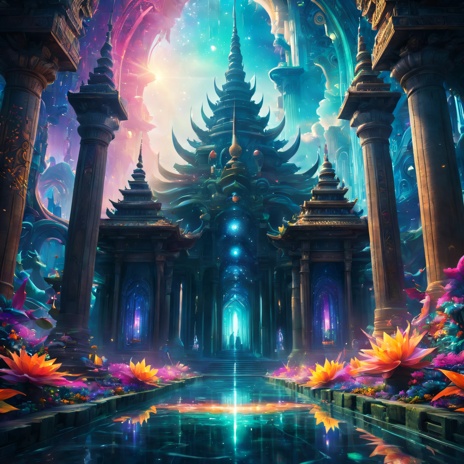 trippy art，Abstract style，A futuristic fantasy temple in a utopian world,Irridescent color
