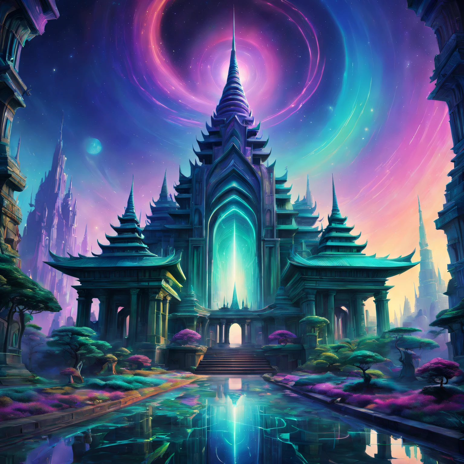 trippy art，Abstract style，A futuristic fantasy temple in a utopian world,Irridescent color