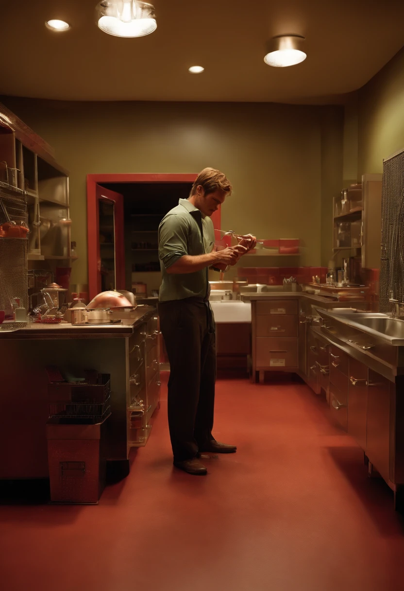 A photo of Dexter carefully setting up his kill room,original,michael c hall, male