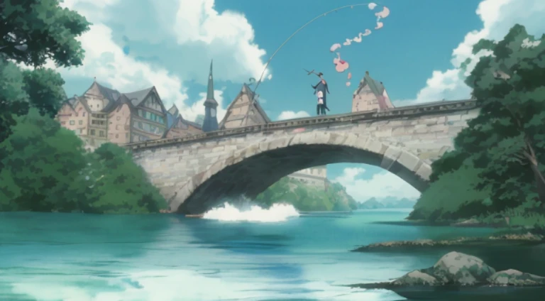 Animation scene of a man and a group of people fishing on a bridge, ghibli studio anime style, anime movie screenshot, style in ghibli anime, miyazaki's animated film, Ghibli animation style, Screenshot of the animated movie, Studio Ghibli anime screenshots, Miyazaki's animation style, in the anime film, Miyazaki movie scene