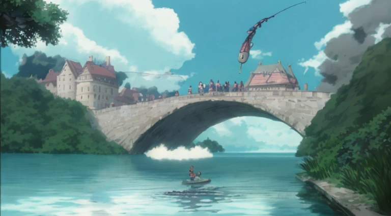 Animation scene of a man and a group of people fishing on a bridge, ghibli studio anime style, anime movie screenshot, style in ghibli anime, miyazaki's animated film, Ghibli animation style, Screenshot of the animated movie, Studio Ghibli anime screenshots, Miyazaki's animation style, in the anime film, Miyazaki movie scene