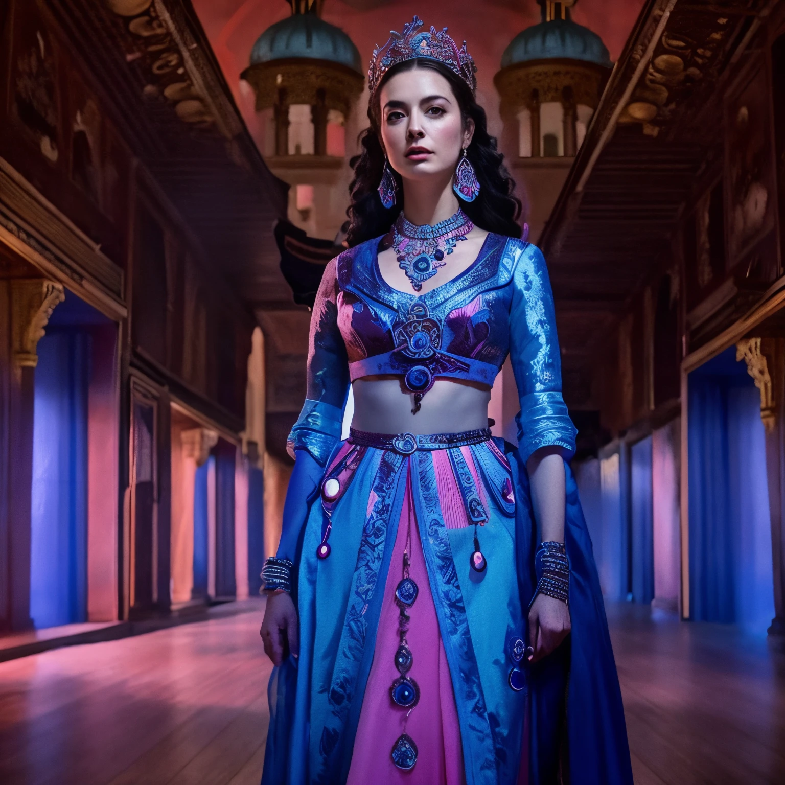 a woman in a blue and pink dress standing in a hall, portrait of emily blunt as queen, a beautiful fantasy empress, cinematic goddess shot, still from a fantasy movie, intricate costume design, shanina shaik as medusa, persian queen, dorne, by Alexander Kucharsky, regal pose, ana de armas as joan of arc