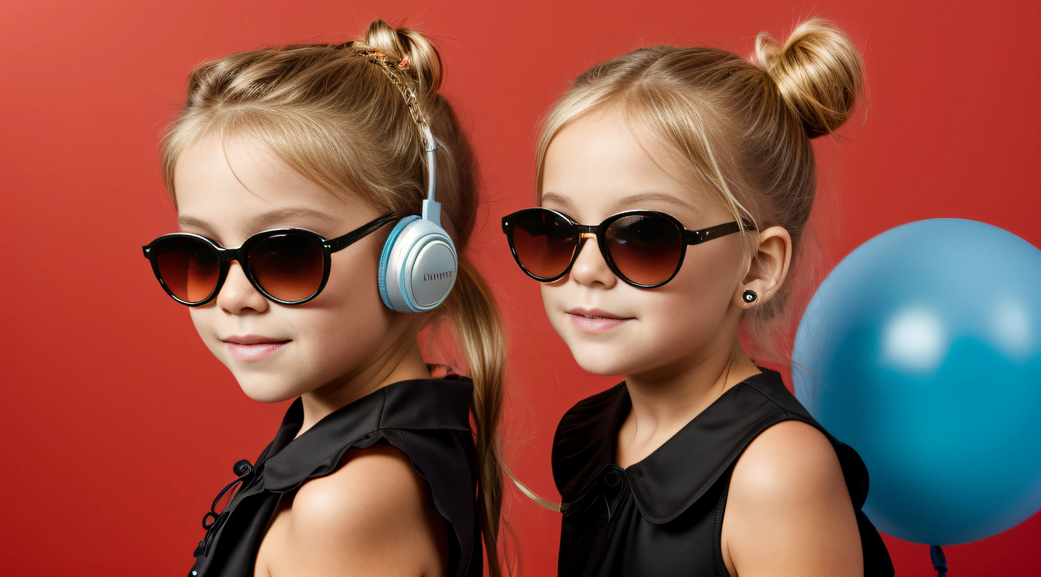 close-up CHILD BLONDE GIRL WITH HAIRBUN, in a black blouse and sunglasses, Headphone. fundo vermelho