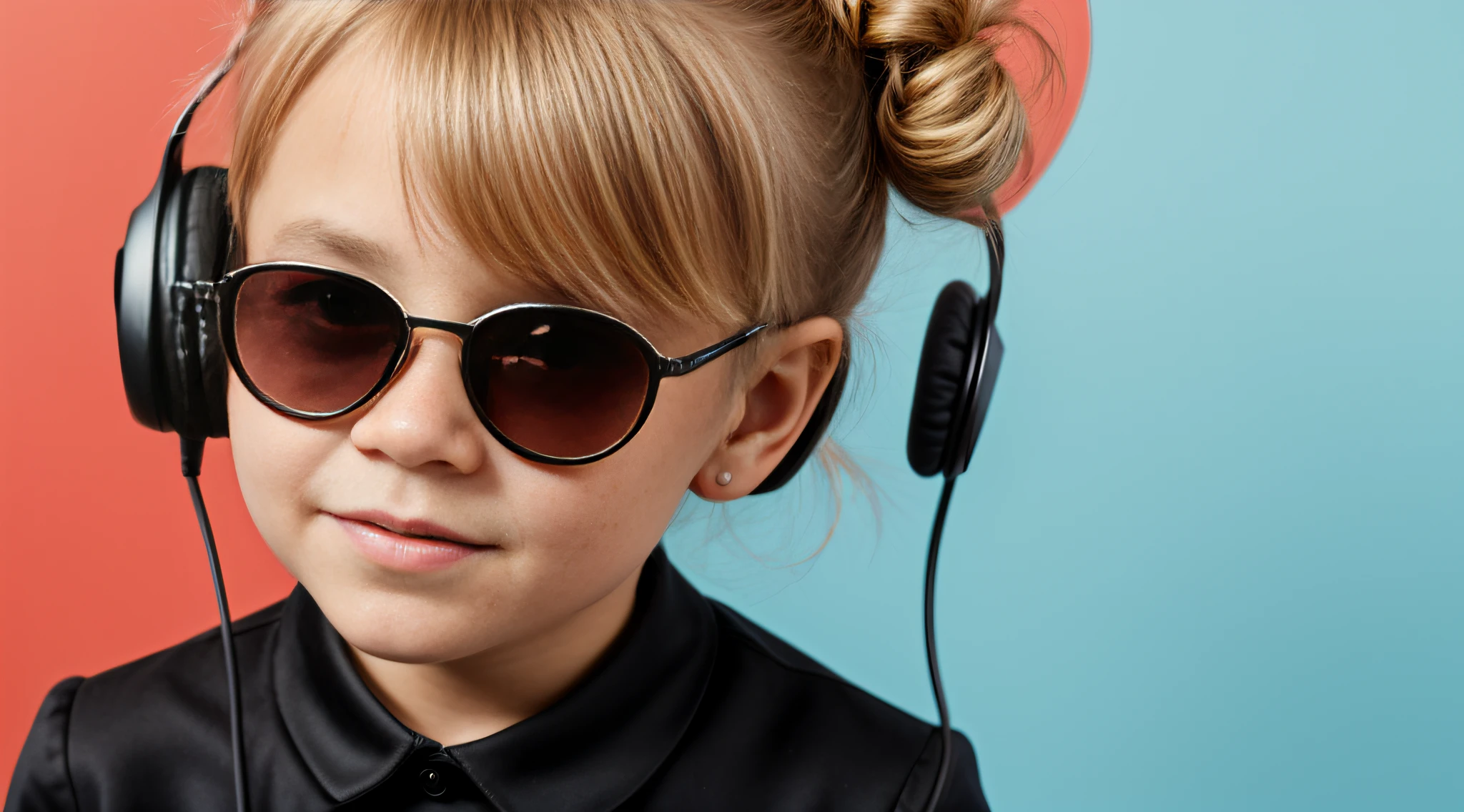 close-up CHILD BLONDE GIRL WITH HAIRBUN, in a black blouse and sunglasses, Headphone. fundo vermelho