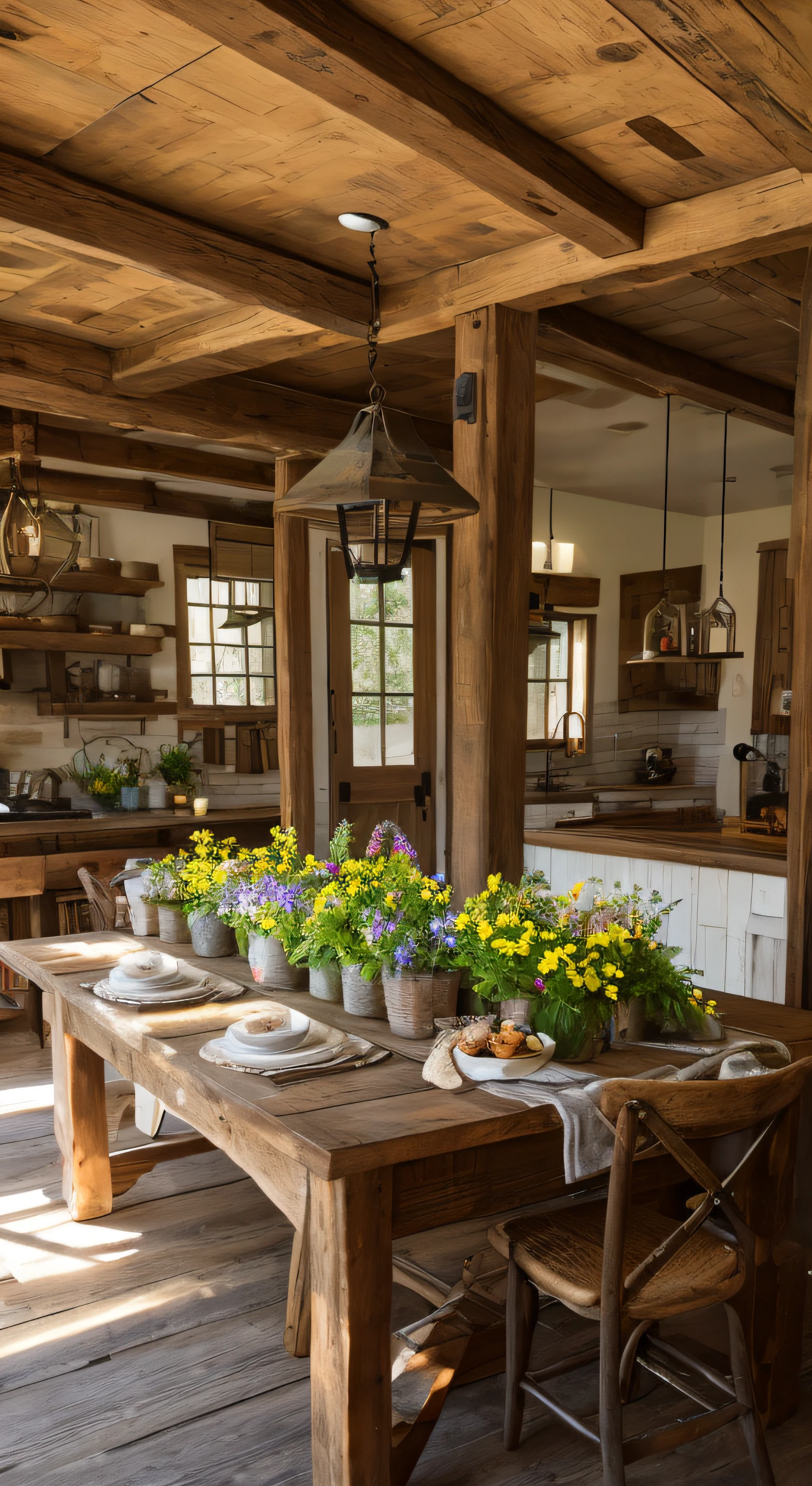 rustic farmhouse table, water, spring flowers, food, harvest, dramatic light