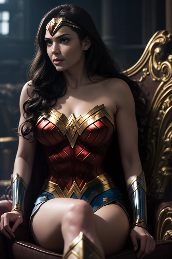 wonder woman sitting in golden throne