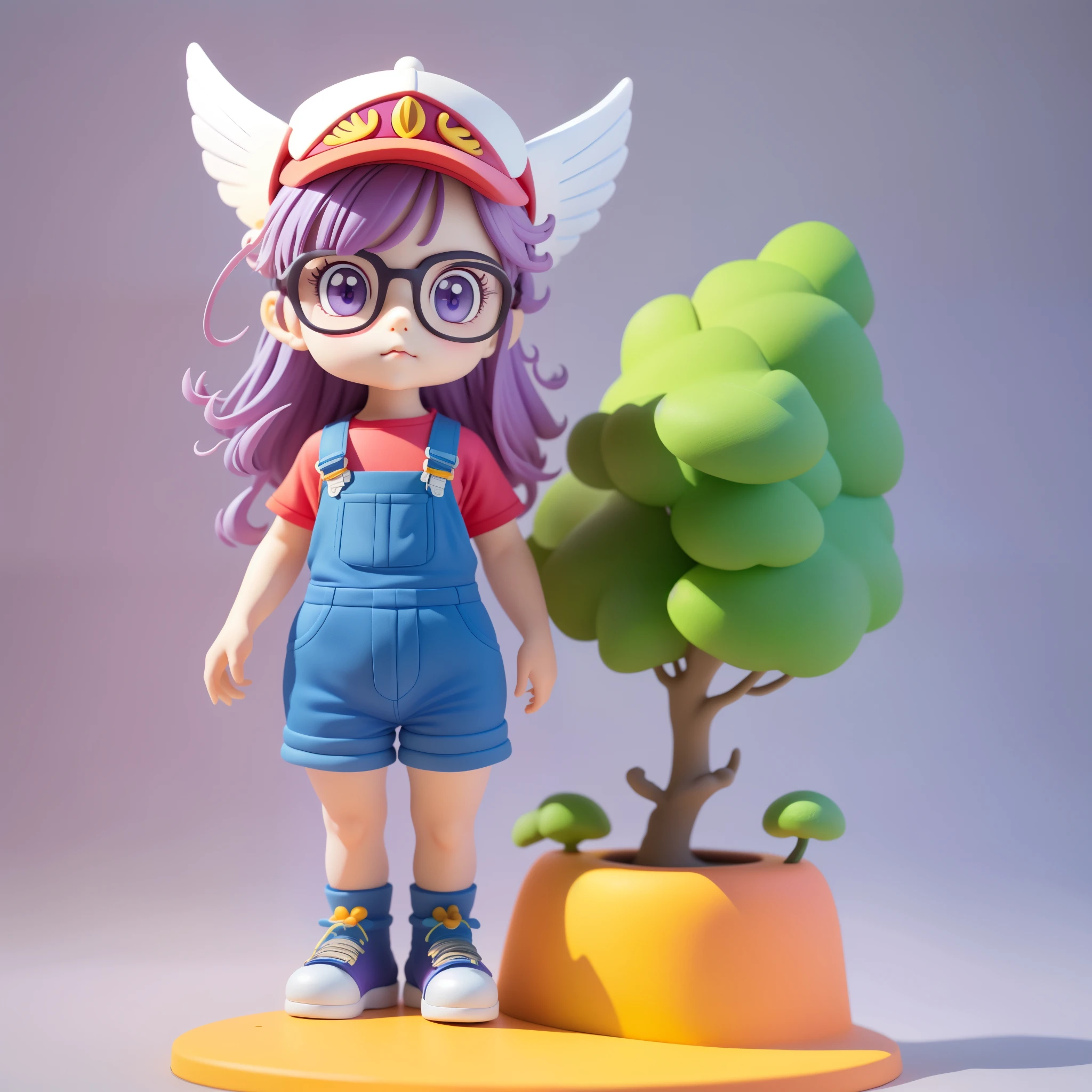 (tmasterpiece), (Better quality), (ultra - detailed), (full bodyesbian: 1.2),cute female , Ala Le, eye glass, eBlue eyes, Long gray hair, Purple colored hair, short- sleeved, wing cap, Red Hat, (With the word "Ala Le":1), (wing cap:1.5), Red shirt, blue overalls,Fruit theme, Pastel tonal background , Colorful and simple.Clay texture,Step on the ground,Add a base,