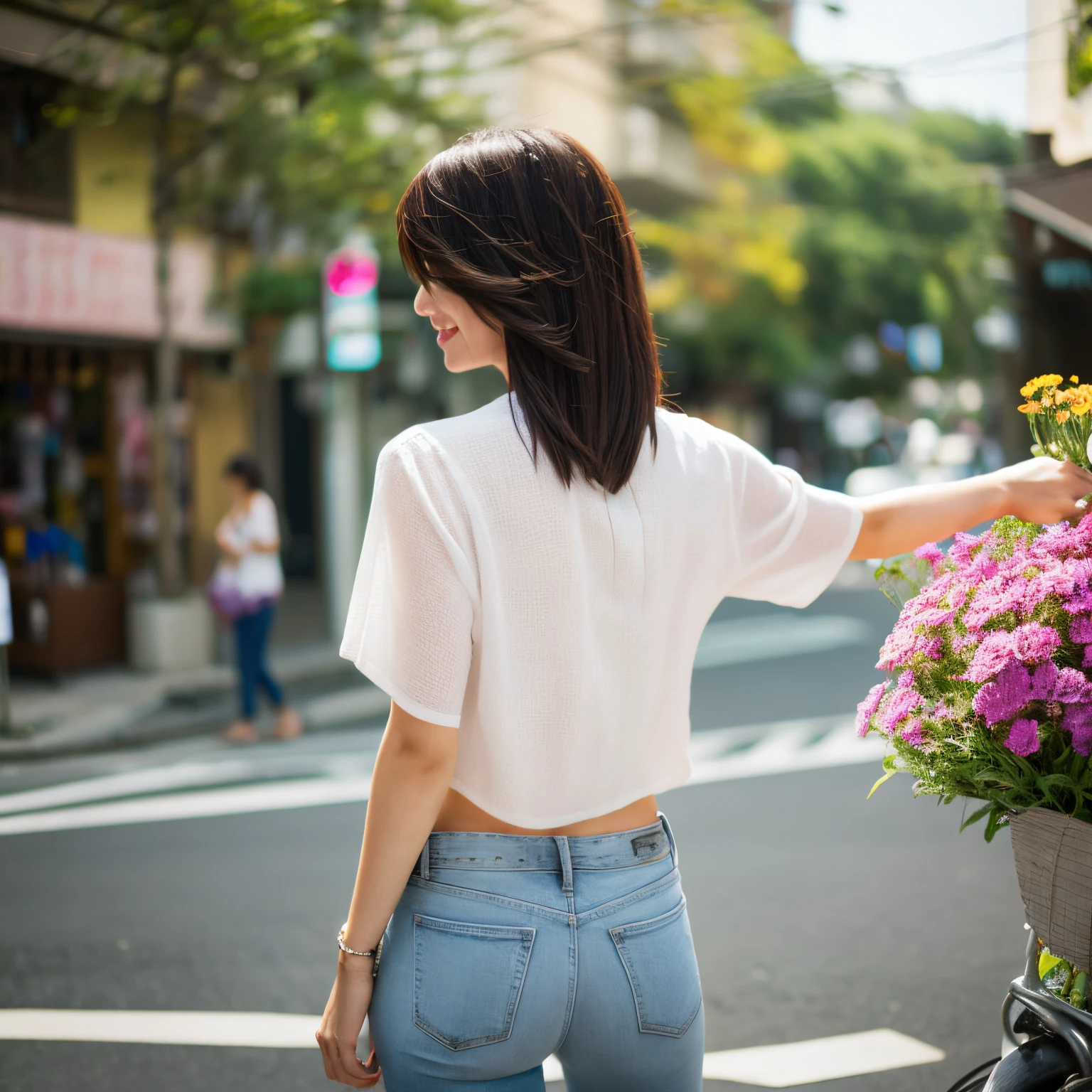 Foreground：1girl in, Skinny linen pants, Skinny linen top, Sexy figure, Photo shoot from behind, review, ssmile, Shorthair Flying, Background with：Japanese-style street, Both sides are covered with flowers, low  angle shot, Hyper-Realism, Cinematic lighting, depth of fields, From below, vanishing point, F/2.8, 16 K, Anatomically correct, Textured skin, Super Detail, awardwinning, Best Quality, hight resolution　age 30s