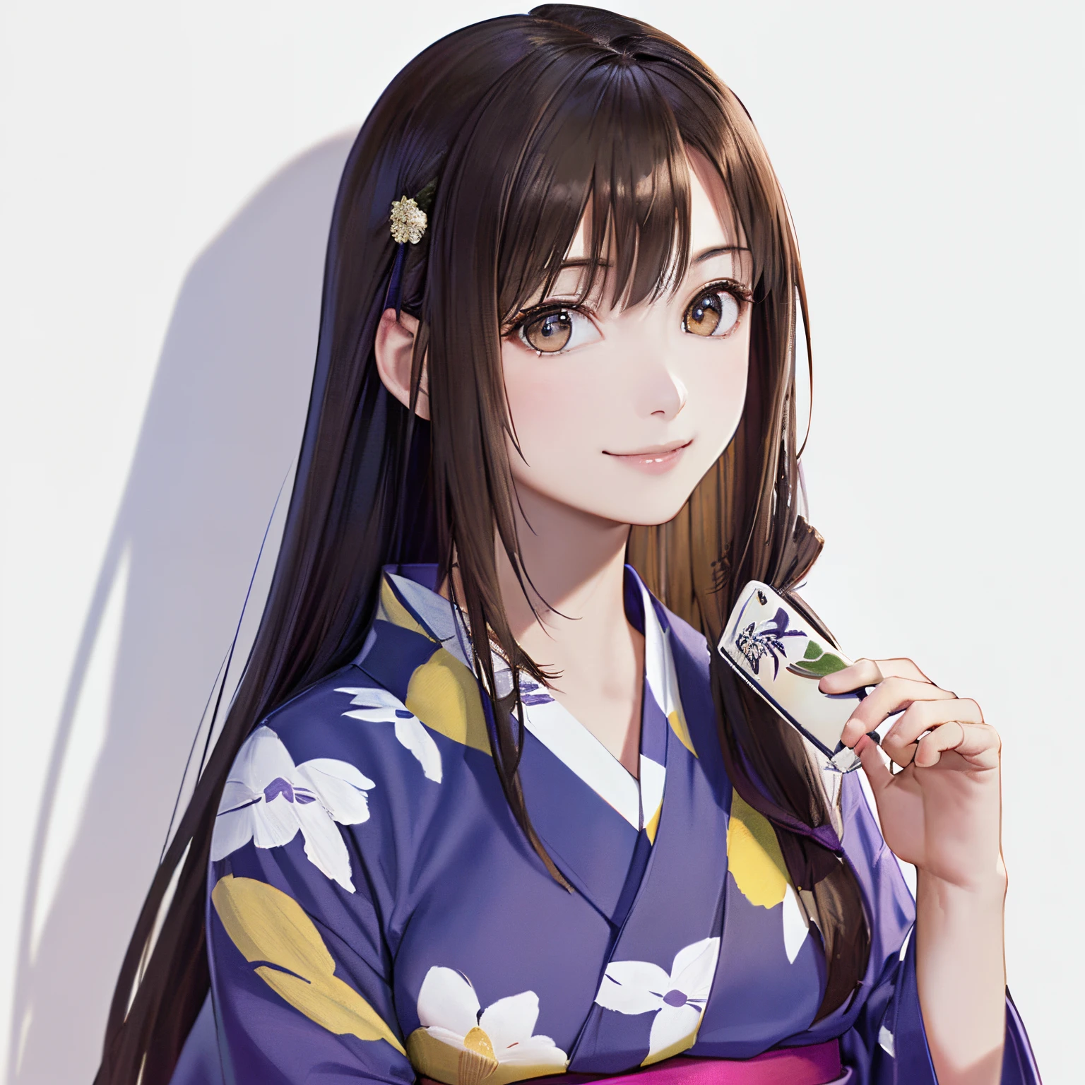 (top-quality、8K、32K、masterpiece、nffsw:1.2)、(Raw photography)、(realisitic)、(Photorealsitic:1.2)、(hight resolution)、ultra-detailliert、extremely beautiful face and eyes、1girl in、round small face、big breasts thin waist、Delicate body、(a closeup、top-quality、high detailing、rich skin detail、nffsw)、(Best Quality、8K、Oil Painting、masutepiece:1.2)、Ultra-detailed、(Realistic、Photorealistic:1.37)、Vibrant colors、(((I'm wearing a yukata)))、(((Purple and yellow yukata)))、(((A smile)))、(((light brown hair)))、(((Very long hair)))、(((side poneyTail)))、(((bustshot)))、(((Pure white wall background)))