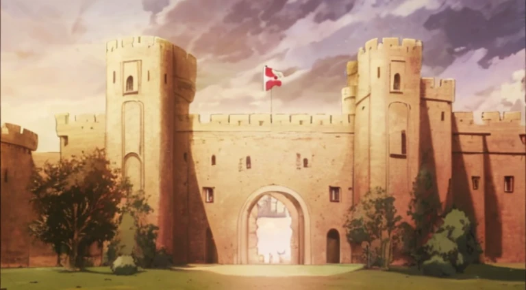 There is a painting of a castle,There's a door and a flag on it, Bastion Gateway, castle scene manga, Opening scene, castle background, Castle setting, anime scene, (attack on an animation), Claymore anime background, palace background, attack on titscenery, Screenshots from the 2012 animation, Screenshot of the animated movie, Screenshot of black clover
