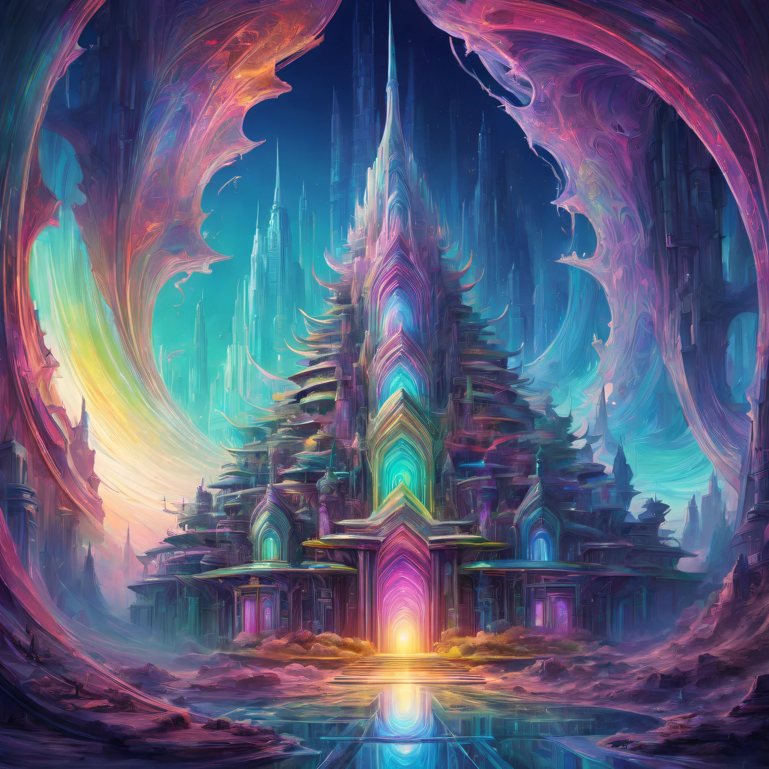 trippy art,Abstract style,A futuristic fantasy temple in a utopian world,Irridescent color