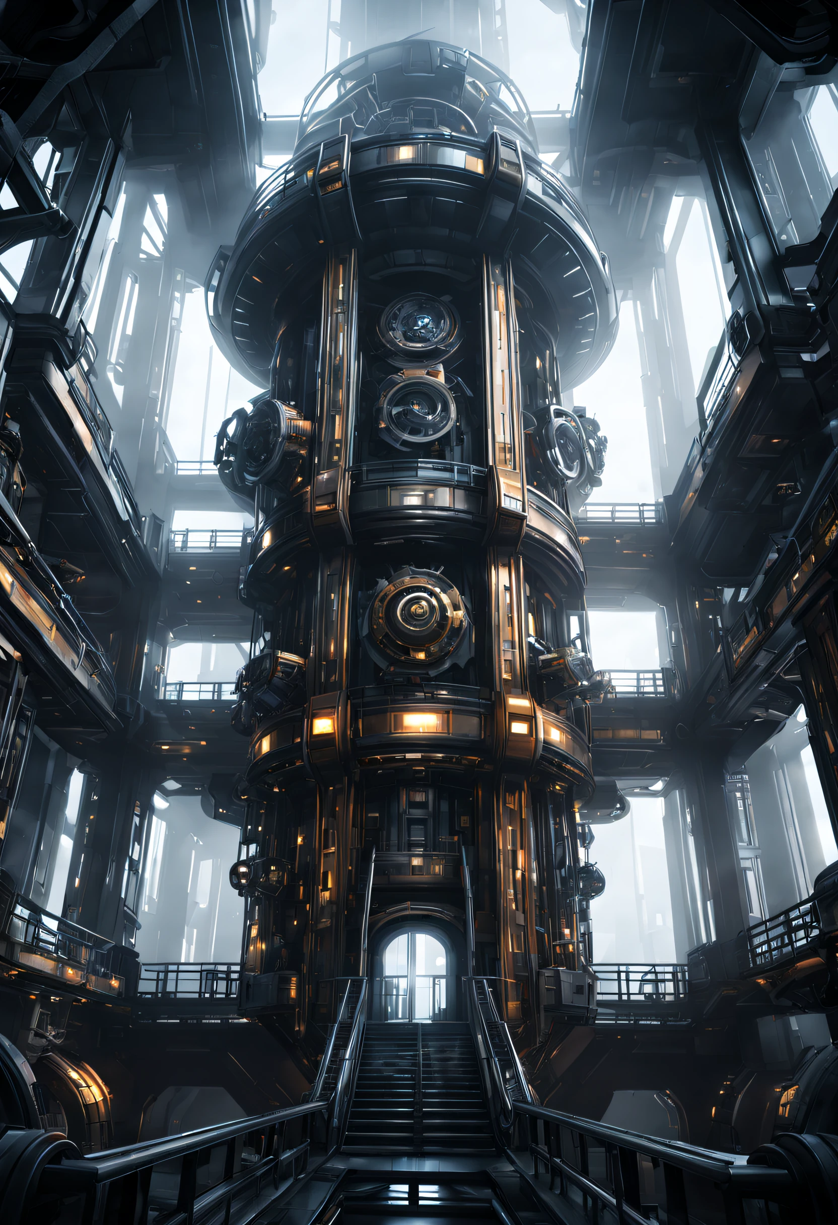 （Very unified cg scene design），（Giant sci-fi elevator to outer space），Complex structure，gear wheel，Titanium Alloy，Sophisticated construction，Ultra-complex structures，future people，sci-fy，Shoot from the bottom up