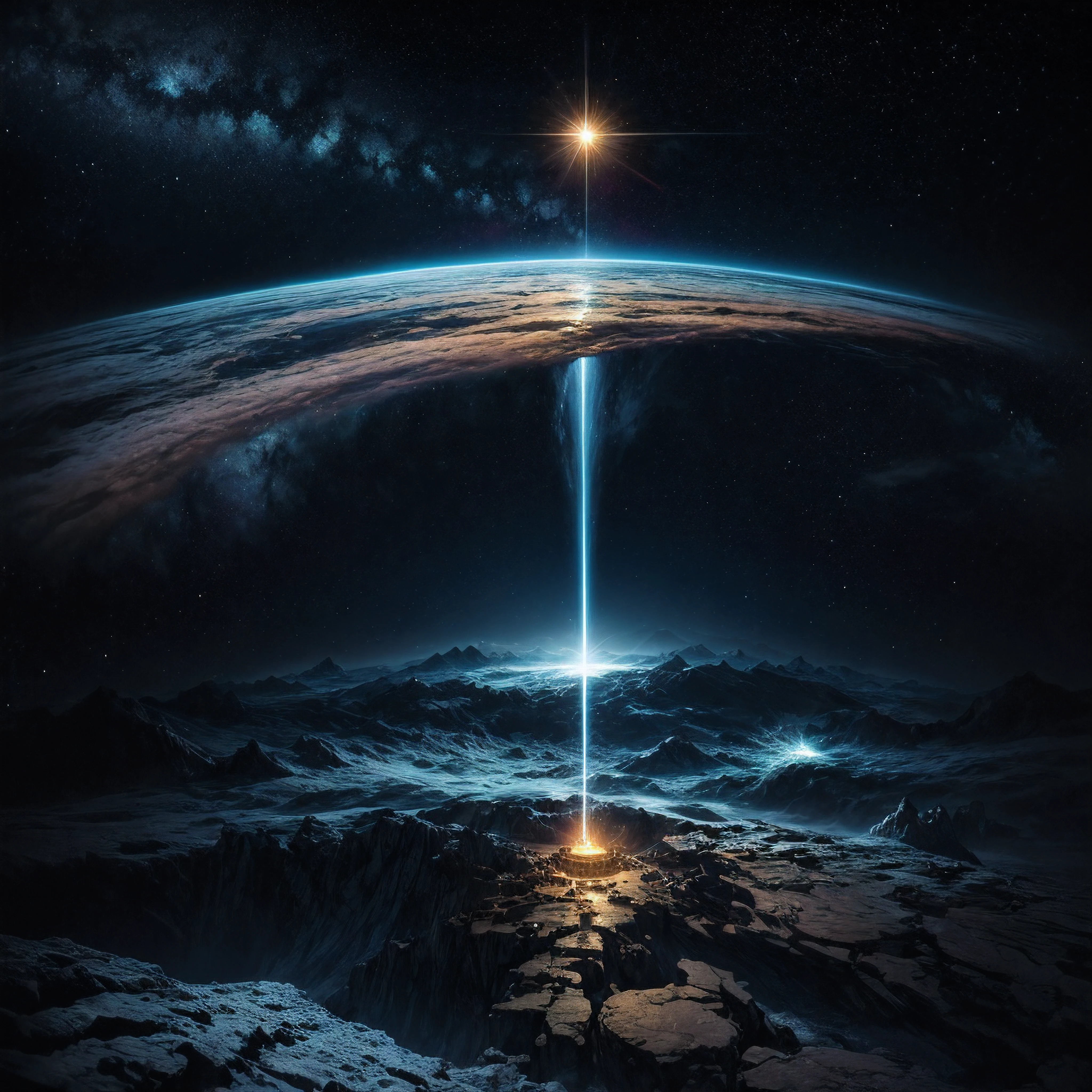 From Genesis to Revelation: Visualizing Biblical History Across the Cosmos
Details:
I am standing in an infinite void, surrounded by glittering galaxies, stars and colorful nebulae
Before me is a sweeping blue timeline stretching from left to right
At my feet are untold stars and galaxies representing the vastness of creation
The timeline begins with the Big Bang on the far left signifying when God first spoke light into being ("Let there be light")
Major biblical events are marked in sequence down the timeline - formation of Earth, Adam and Eve, Noah's ark, Moses and the Ten Commandments, birth of Jesus Christ etc.
A bright star hovers over the current date - December 1, 2023 AD
The climax shows Christ's return, final judgment, destruction and re-creation of paradise (New Jerusalem city)
The timeline spans 13.8 billion years, from the first moments of creation to the establishment of the new, eternal heaven and earth