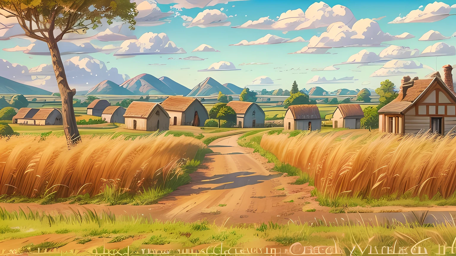 Pixar, 3d animation, 3d render, there is a painting of a rural village with a path through it, anime countryside landscape, distant village background, countryside, countryside city scene, background artwork, background art, anime background art, amazing background, anime scenery concept art, some houses in the background, scenery artwork, distant villagescape, scenery game concept art, beautiful digital painting, russian villages at background