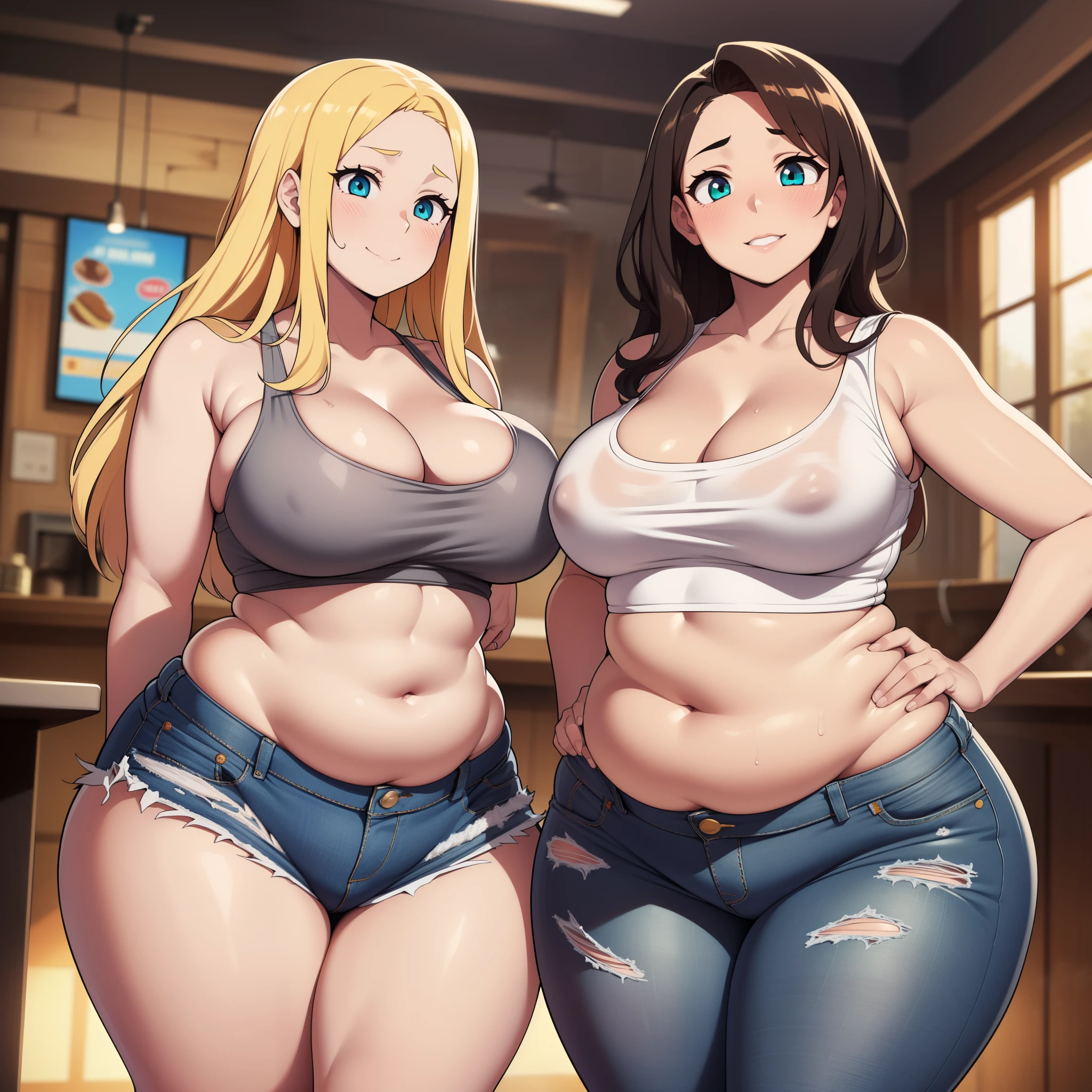 ((high res)), (Masterpiece), perfect anatomy, perfect shading, field of depth, (best quality), extremely delicate and beautiful, perfect lighting, detailed face, ultra cute face, cute, (cowboy shot 1.2), full body, (((2girls))), ((2 girls 1 and 2))

Girl 1: has long hair, fluffy hair, blonde hair, blue eyes, (blush), embarrassed, (crop top 1.2), (jean shorts 1.2), extremely tight clothes, medium breasts, cleavage, perky breasts, ((wide hips)), (thick thighs), (chubby), pudgy belly, fat rolls, belly hang,

Girl 2: has short hair, fluffy hair, brown hair, green eyes, smile, (white tank top 1.2), (jeans 1.2), extremely tight clothes, medium breasts, cleavage, perky breasts, (((wide hips))), ((thick thighs)), (plump), chubby belly, fat rolls, belly hang, she has a jiggly belly,

Fast food restaurant, intricate background, detailed background, girls are standing next to each other,