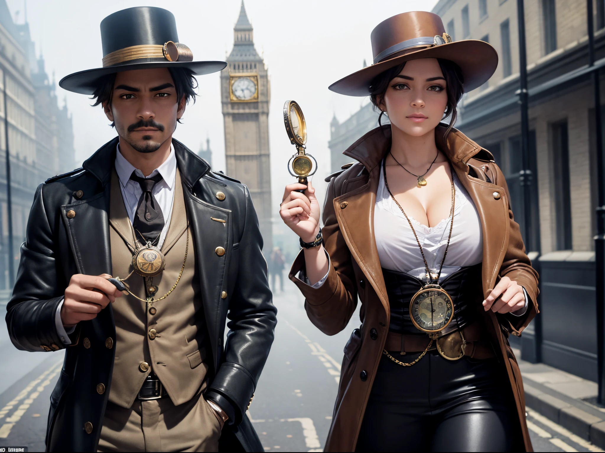 A steampunk detective uses a Leonardo AI-enhanced magnifying glass and a brass pocket watch to solve a mystery in a foggy London street. large breast