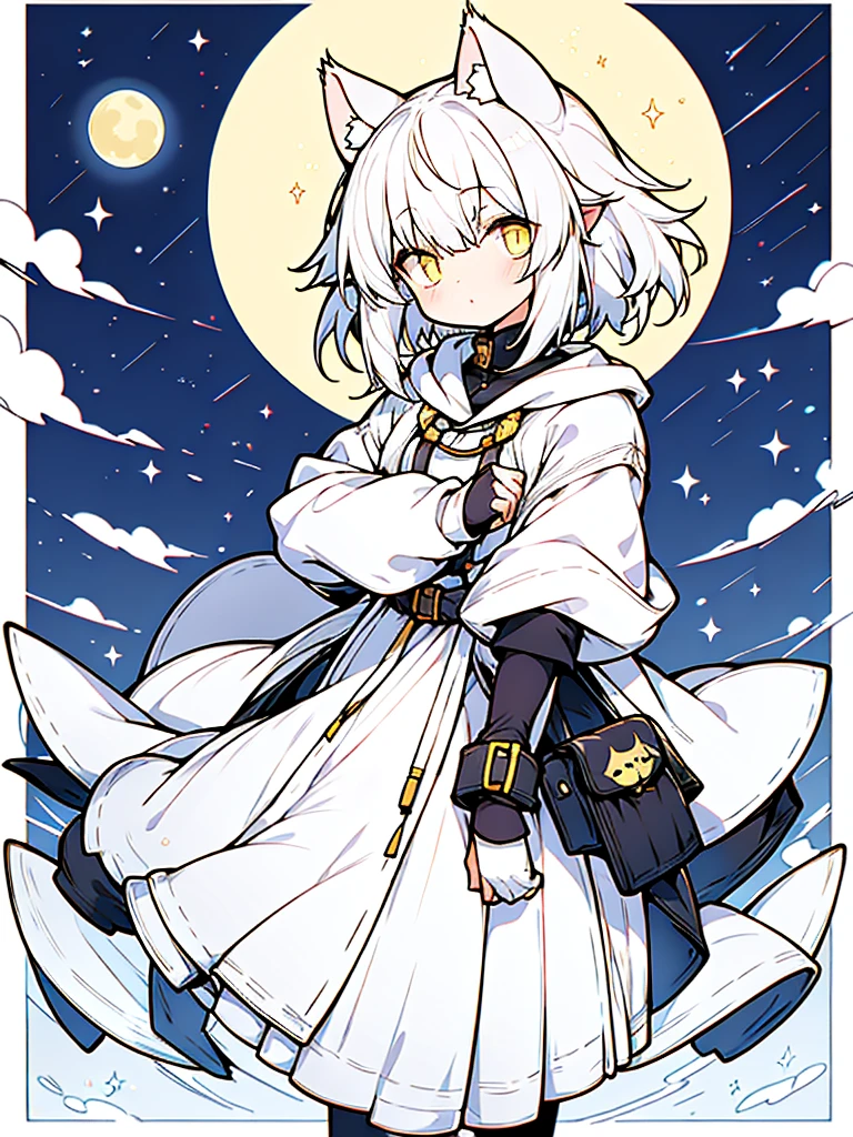 high-level image quality、girl with、14years、White Shorthair、yellow eyes、Black hoodie、natta、Luminous Eyes、(Cat's ears)、a moon、yellow moonlight