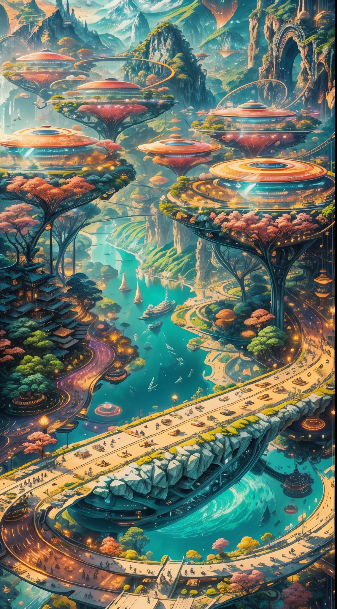best quality,ultra-detailed,realistic,utopian world,beautiful landscapes,harmonious architecture,bright colors,serene atmosphere,picturesque gardens,peaceful inhabitants,ideal society,advanced technology,vibrant cities,lush vegetation,blue skies,crystal-clear waters,ethereal light,tranquil lakes,happiness and harmony,perfect balance between nature and civilization,endless possibilities,floating islands,impressive infrastructure,futuristic transportation,utopia in harmony with nature,blissful existence,utopian dreams come true