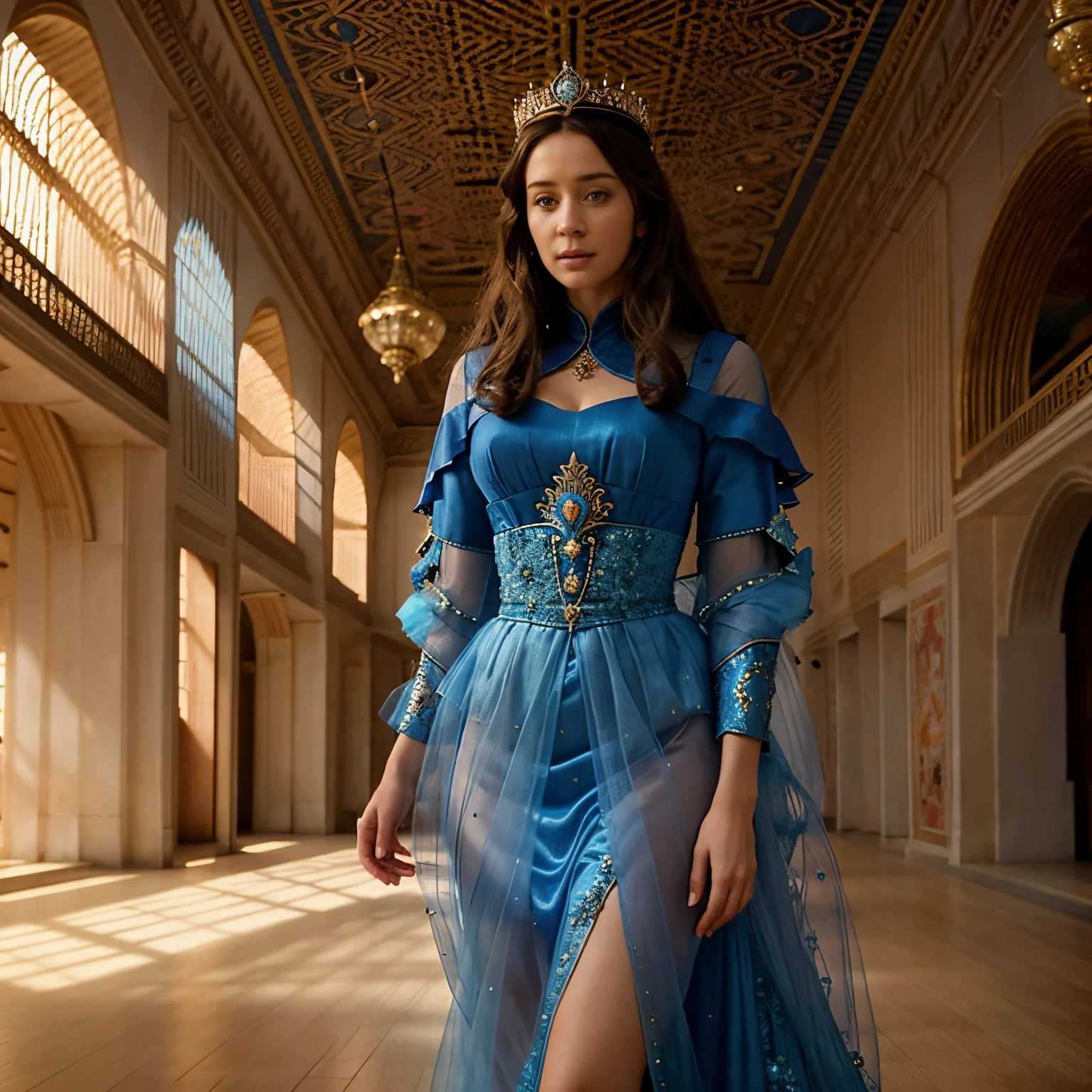 a woman in a blue and pink dress standing in a hall, portrait of emily blunt as queen, a beautiful fantasy empress, cinematic goddess shot, still from a fantasy movie, intricate costume design, shanina shaik as medusa, persian queen, dorne, by Alexander Kucharsky, regal pose, ana de armas as joan of arc