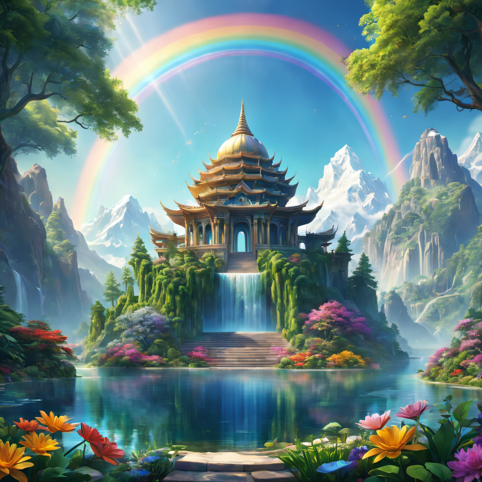 trippy art,A fantasy temple in its purest form in a utopian natural world,Rainbow color illustration,Detailed architecture,tranquil ambiance,Majestic mountain ranges,Peaceful lake,Rich vegetation,Colorful flowers,Clear blue sky,Quiet environment,Sunlight shines through the woods,Fantastic environment,A harmonious blend of man-made and natural elements,(Best quality at best,4K,8K,A high resolution,tmasterpiece:1.2),ultra - detailed,(actual,realisticlying,Photorealistic:1.37),HighDynamicRange,hyper HD,Studio lighting,Clear detail,professional,vivd colour,Soft color palette,gentlesoftlighting