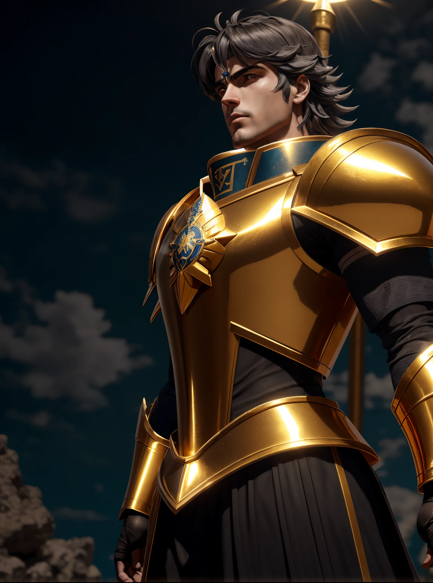 Saint Seiyan the return of the saint, Saint Seiya, knights of zodiac girl, Deus. dramatic gold blue lighting, portrait knights of zodiac girl, joseph joestar, unreal motor render Sao Seiya, cetro, Deus grego no estilo mecha, usando armadura dourada, deus imperador de Duna, O Deus Imperador da Humanidade, Furioso Deus Zeus, Arte Oficial