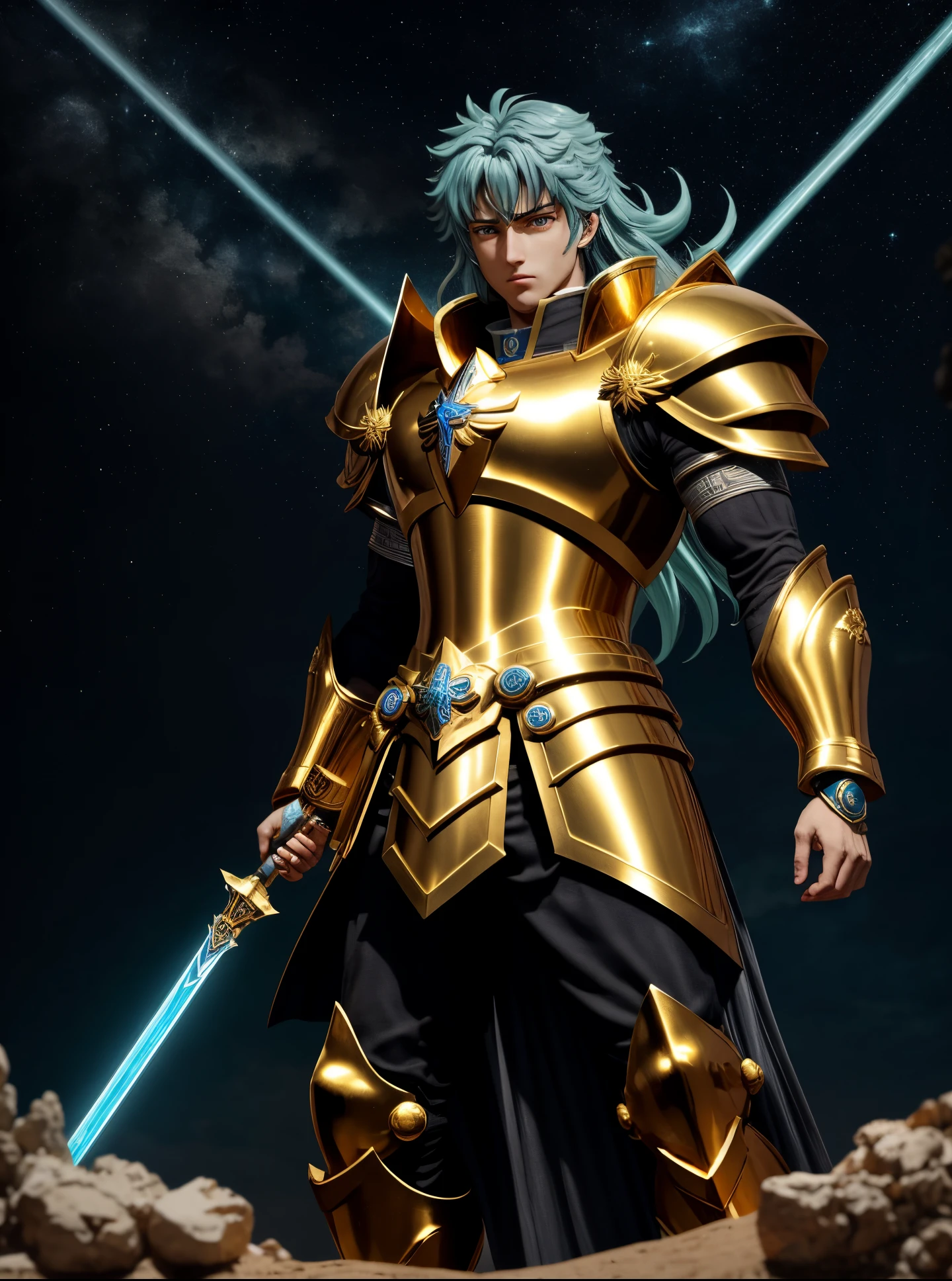Saint Seiyan the return of the saint, Saint Seiya, knights of zodiac girl, Deus. dramatic gold blue lighting, portrait knights of zodiac girl, joseph joestar, unreal motor render Sao Seiya, cetro, Deus grego no estilo mecha, usando armadura dourada, deus imperador de Duna, O Deus Imperador da Humanidade, Furioso Deus Zeus, Arte Oficial