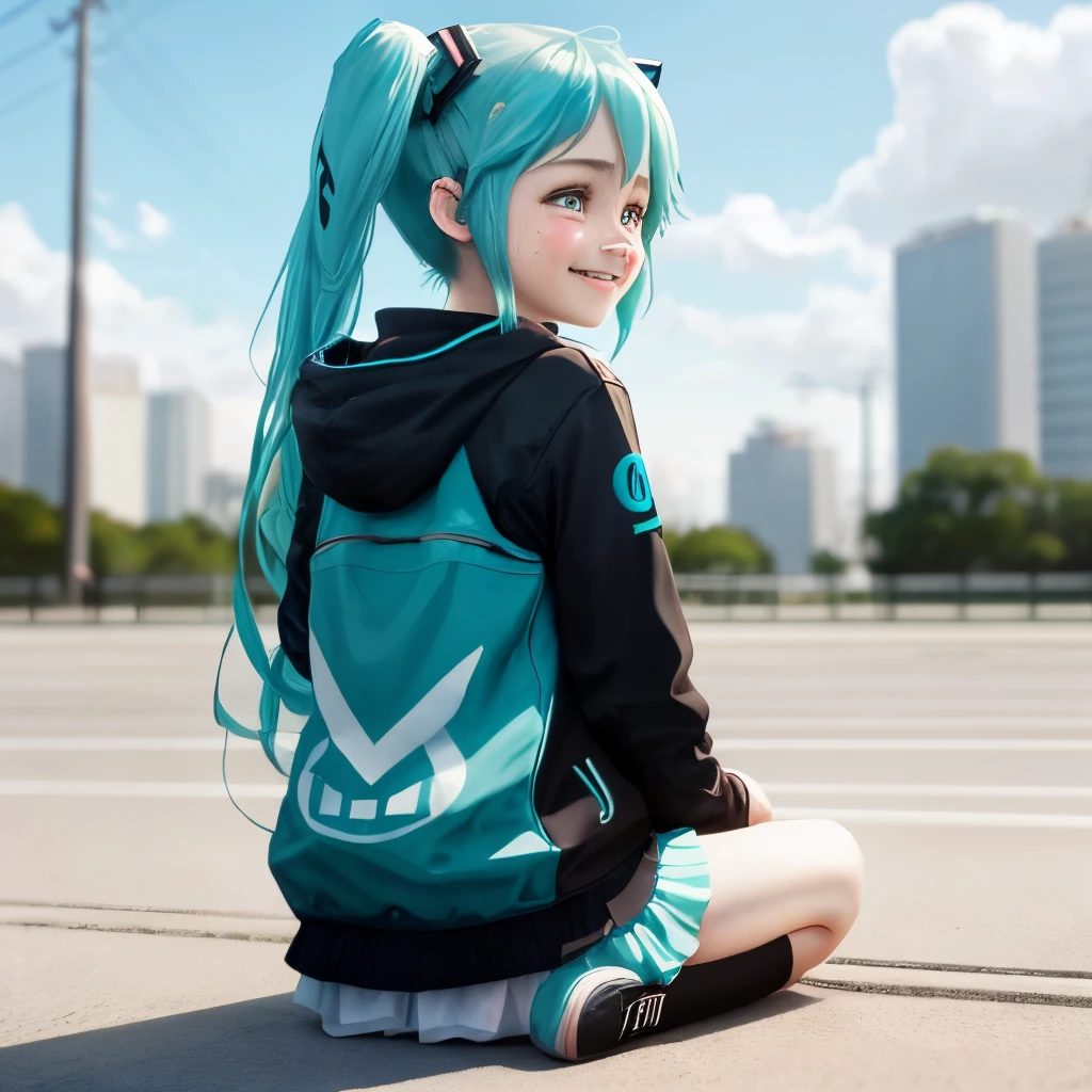 Miku Hatsune Miku from the second dimension, twin ponytails, blue hair, big eyes, crying a little bit, smiling a little while sitting on the ground, looking back, her hair floating a little bit