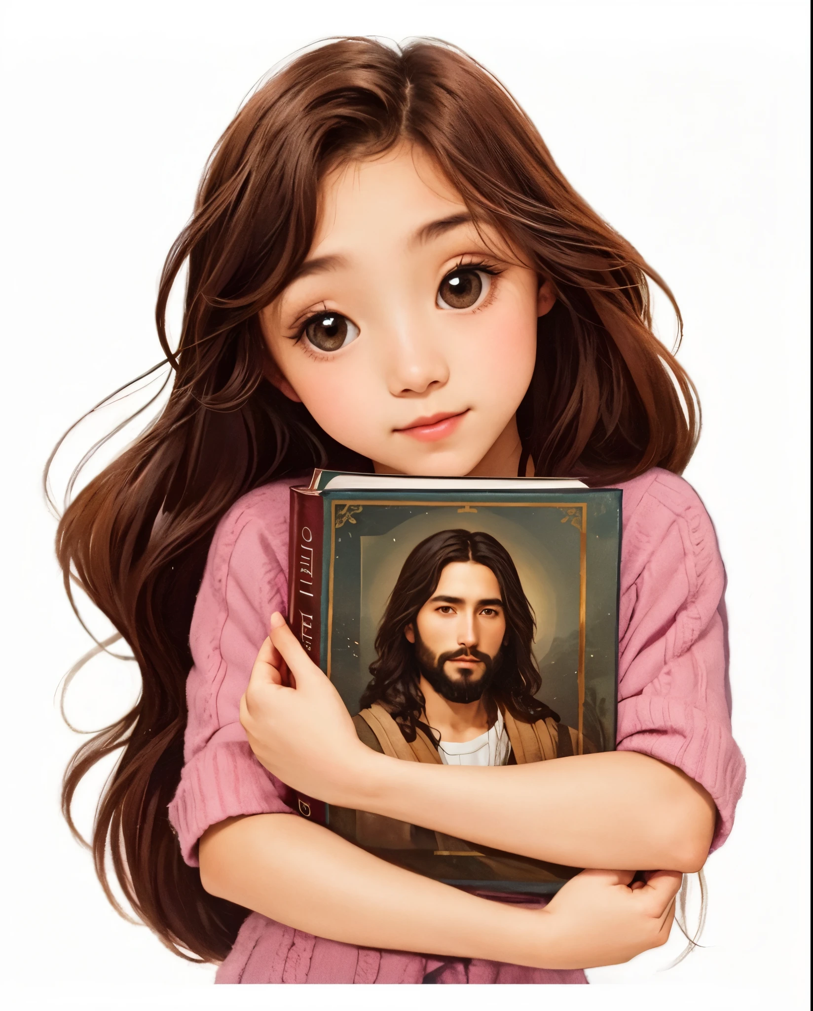 a girl holding a book with jesus on it.
