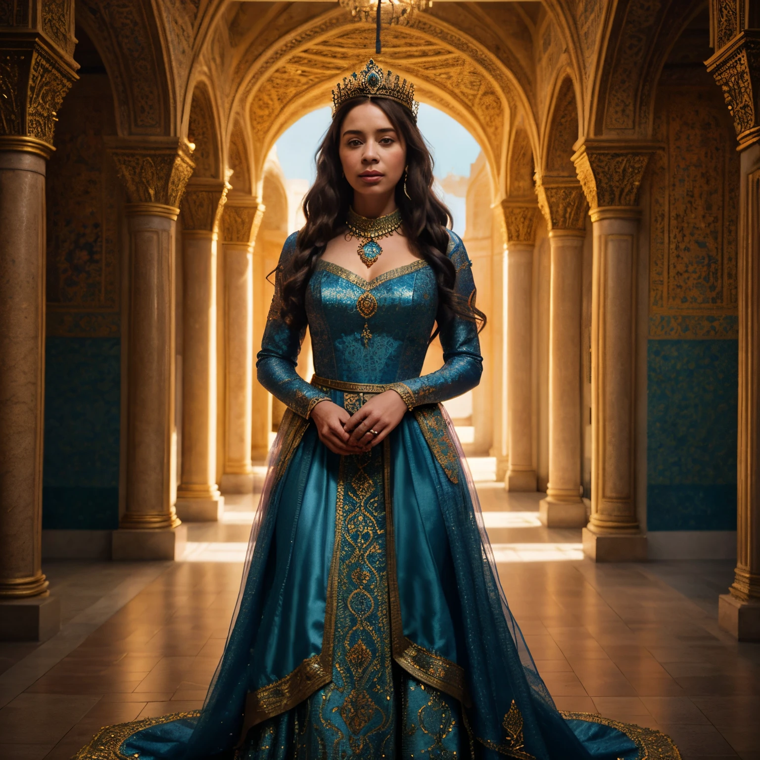 a woman in a blue and pink dress standing in a hall, portrait of emily blunt as queen, a beautiful fantasy empress, cinematic goddess shot, still from a fantasy movie, intricate costume design, shanina shaik as medusa, persian queen, dorne, by Alexander Kucharsky, regal pose, ana de armas as joan of arc