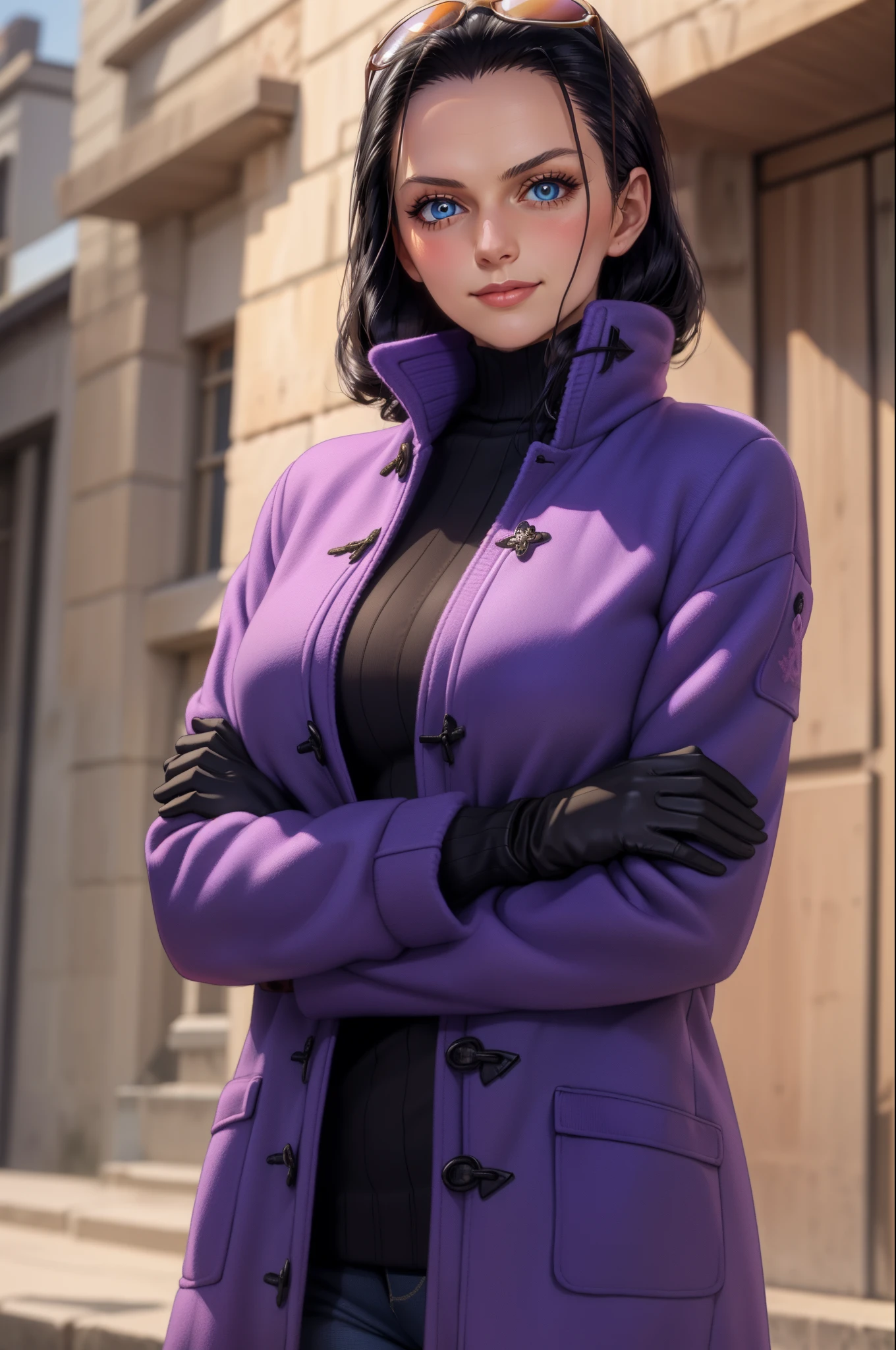 (Masterpiece), 1girl, high quality, best quality, extremely detailed eyes, extremely detailed body, blush, highly detailed, Nico robin, one piece, black hair, blue eyes,  looking at viewer, smile, large breasts, gloves, long sleeves, closed mouth, 1girl, purple jacket, upper body, open clothes, sweater, coat, crossed arms, eyewear on head, brown gloves, ribbed sweater, hair slicked back, purple sweater