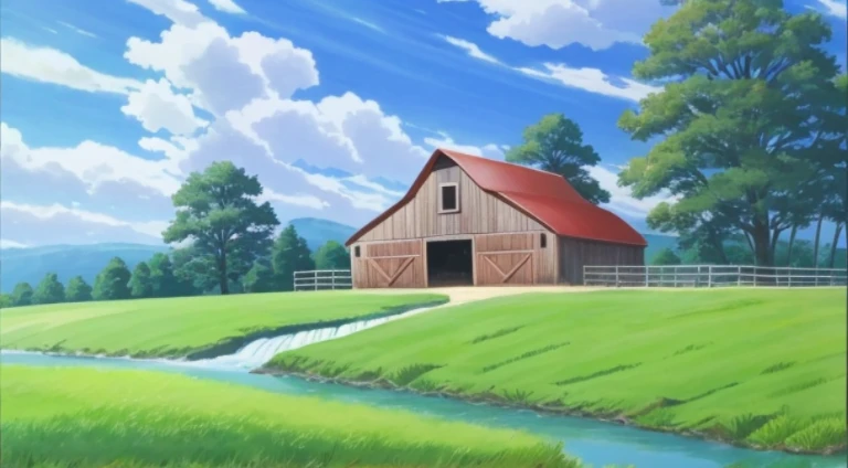 A painting of a barn in a field,There is a stream flowing through it, Anime countryside landscape, anime backgrounds, Anime landscapes, beautiful anime scenery, Anime background art, anime yulu camp, beautiful anime scenes, Anime landscape concept art, Anime landscapes, Anime beautiful peaceful scene, drawn in anime painter studio, Today’s recommended anime is still, anime scene, anime movie backgrounds