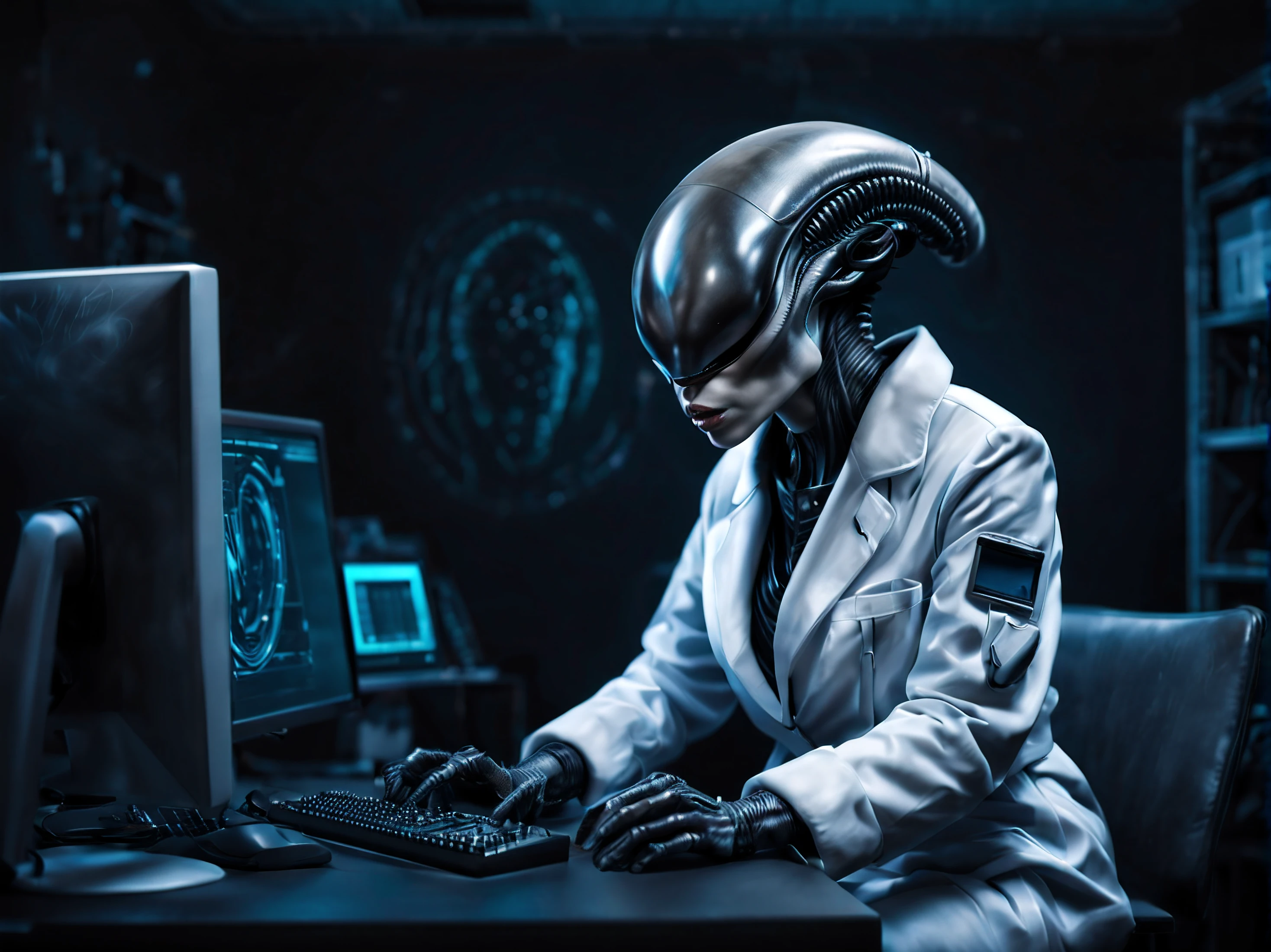 Female xenomorph in a white scientist&#39;s coat, sitting at a computer, Dark room, realistic image