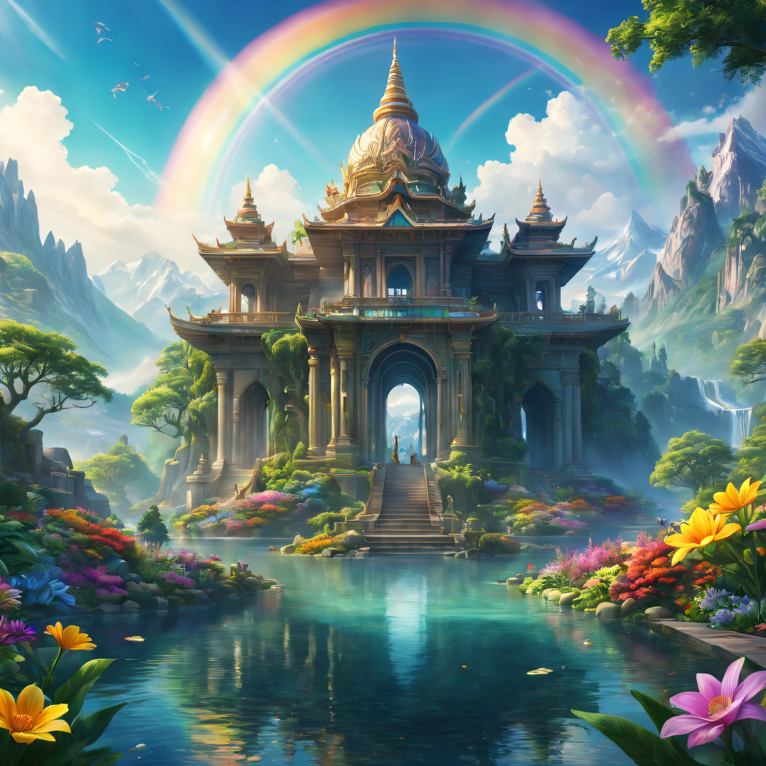 trippy art,A fantasy temple in its purest form in a utopian natural world,Rainbow color illustration,Detailed architecture,tranquil ambiance,Majestic mountain ranges,Peaceful lake,Rich vegetation,Colorful flowers,Clear blue sky,Quiet environment,Sunlight shines through the woods,Fantastic environment,A harmonious blend of man-made and natural elements,(Best quality at best,4K,8K,A high resolution,tmasterpiece:1.2),ultra - detailed,(actual,realisticlying,Photorealistic:1.37),HighDynamicRange,hyper HD,Studio lighting,Clear detail,professional,vivd colour,Soft color palette,gentlesoftlighting