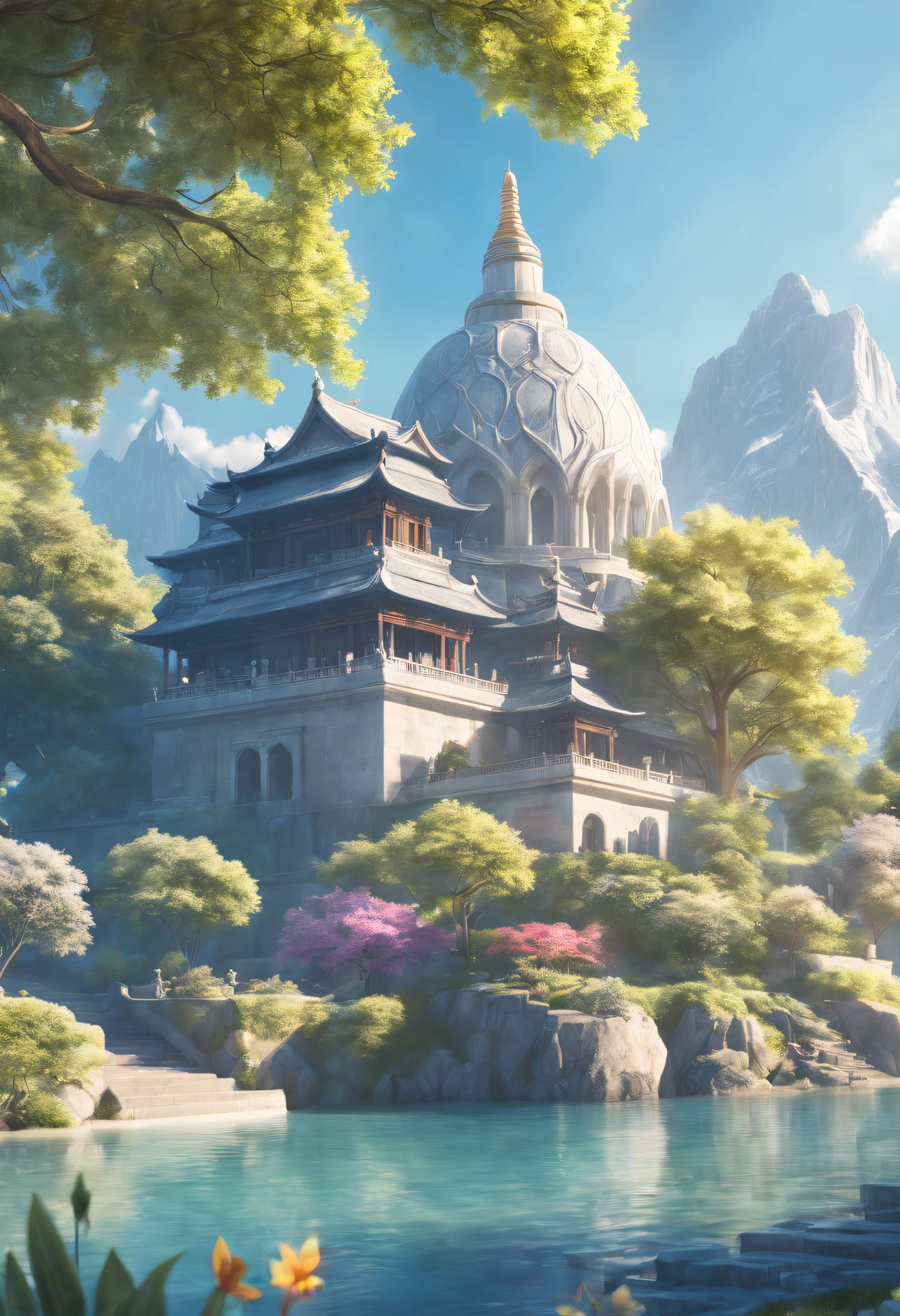 fantastic temple,utopian natural world,illustratio,Detailed architecture,tranquil ambiance,Majestic mountain ranges,Peaceful lake,Rich vegetation,Colorful flowers,Clear blue sky,Quiet environment,Sunlight shines through the woods,Fantastic environment,A harmonious blend of man-made and natural elements,(Best quality at best,4K,8K,A high resolution,tmasterpiece:1.2),ultra - detailed,(actual,realisticlying,Photorealistic:1.37),HighDynamicRange,hyper HD,Studio lighting,Clear detail,professional,vivd colour,Soft color palette,gentlesoftlighting