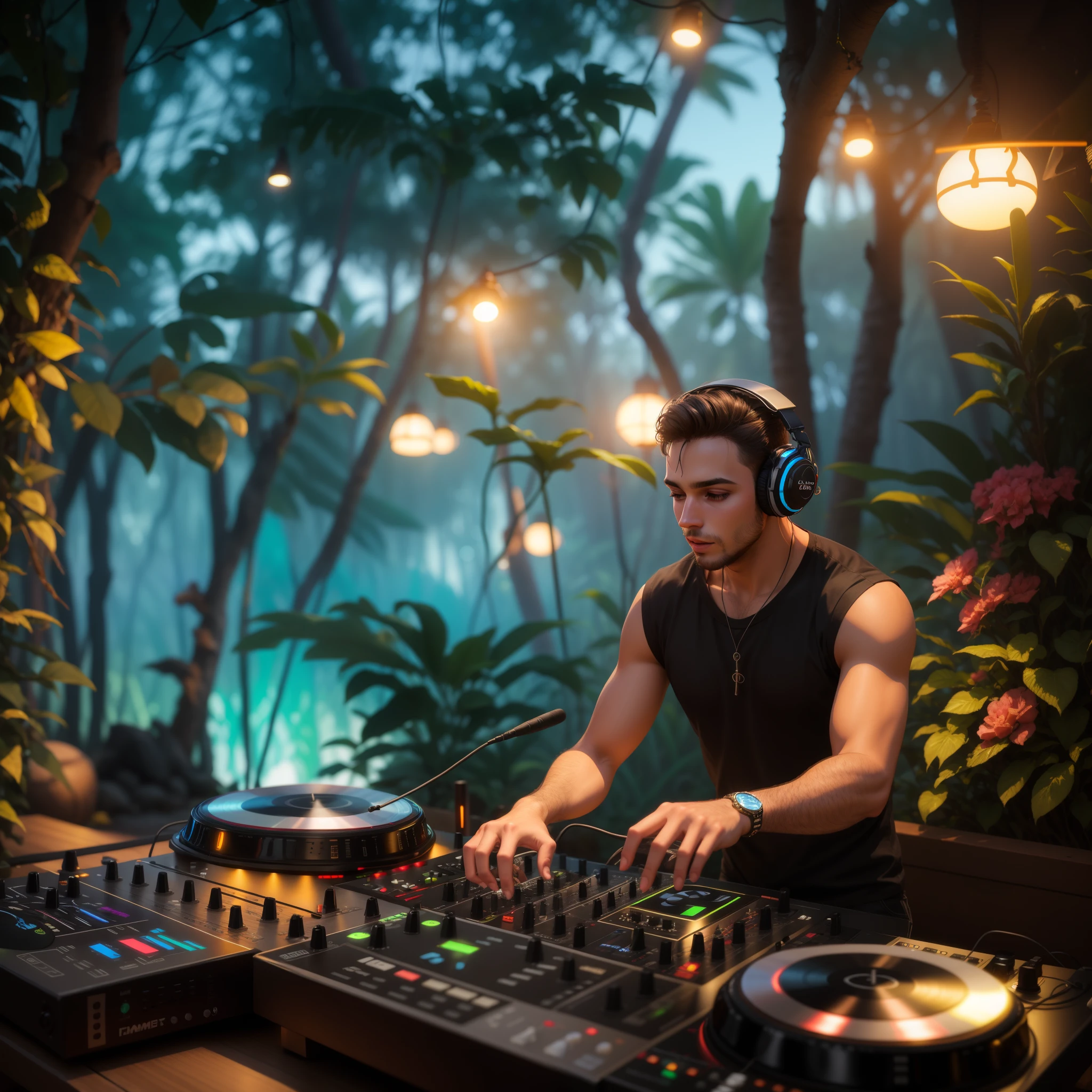 sharp man in a black shirt playing music on a DJ deck, DJ em uma festa, DJ, Conjunto de DJ, DJING com toca-discos DJ, tocando techno house music, music being played, in a deep lush jungle at night, "House Music delira com bailarinos, vibing to music, artistic pose, em um ambiente de selva, Festa DJ Rave