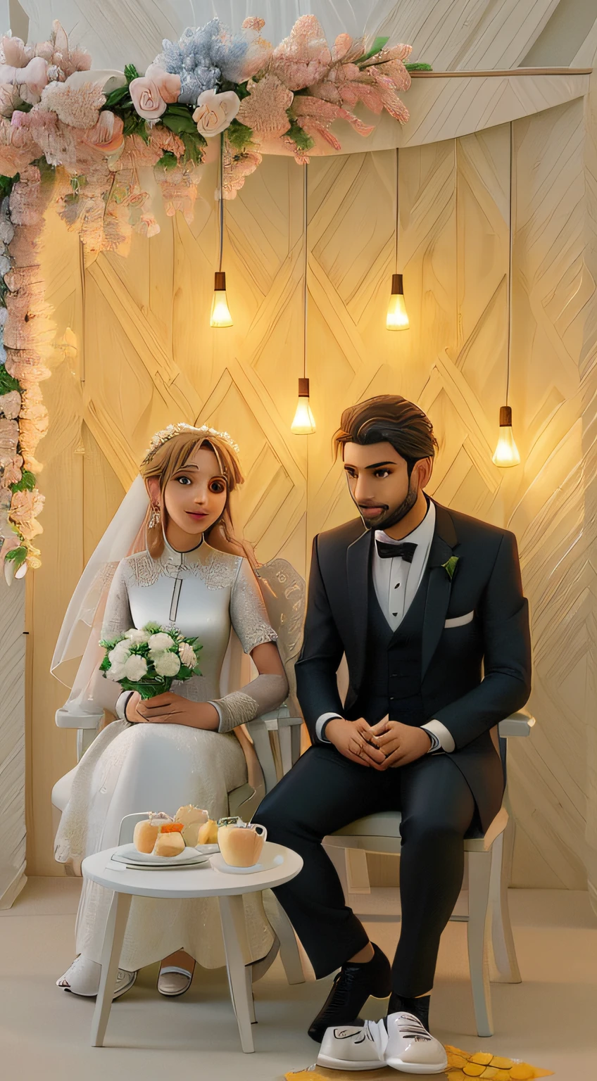 there are two people sitting on a chair in front of a table, bride and groom, lovely couple, ash thorp khyzyl saleem, couple, happy couple, khyzyl saleem, colour corrected, 4 k post, 4k post, 🤬 🤮 💕 🎀, very detailed picture, taken in 2 0 2 0, edited